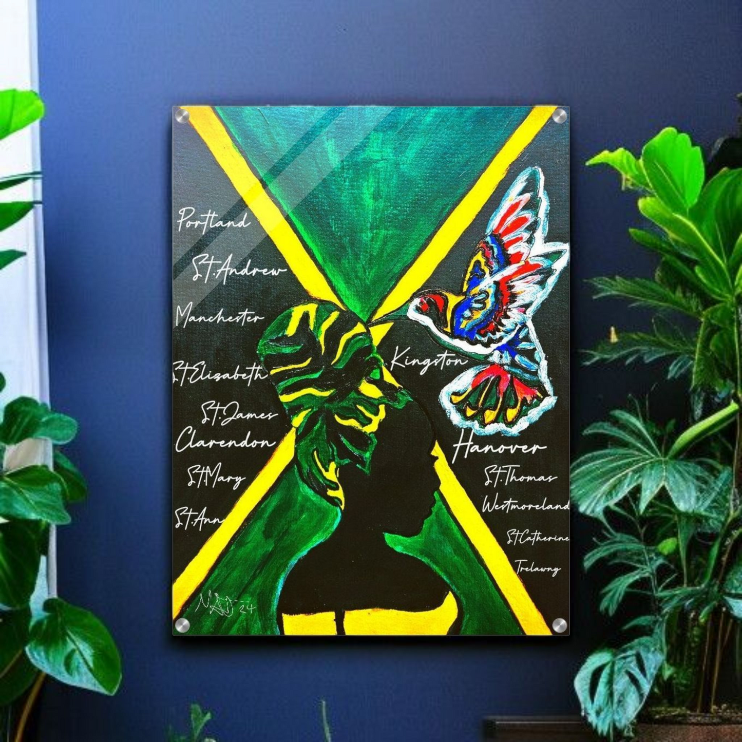 Hand Drawn Wall Art with Jamaican Woman, Original Acrylic Painting for Bohemian