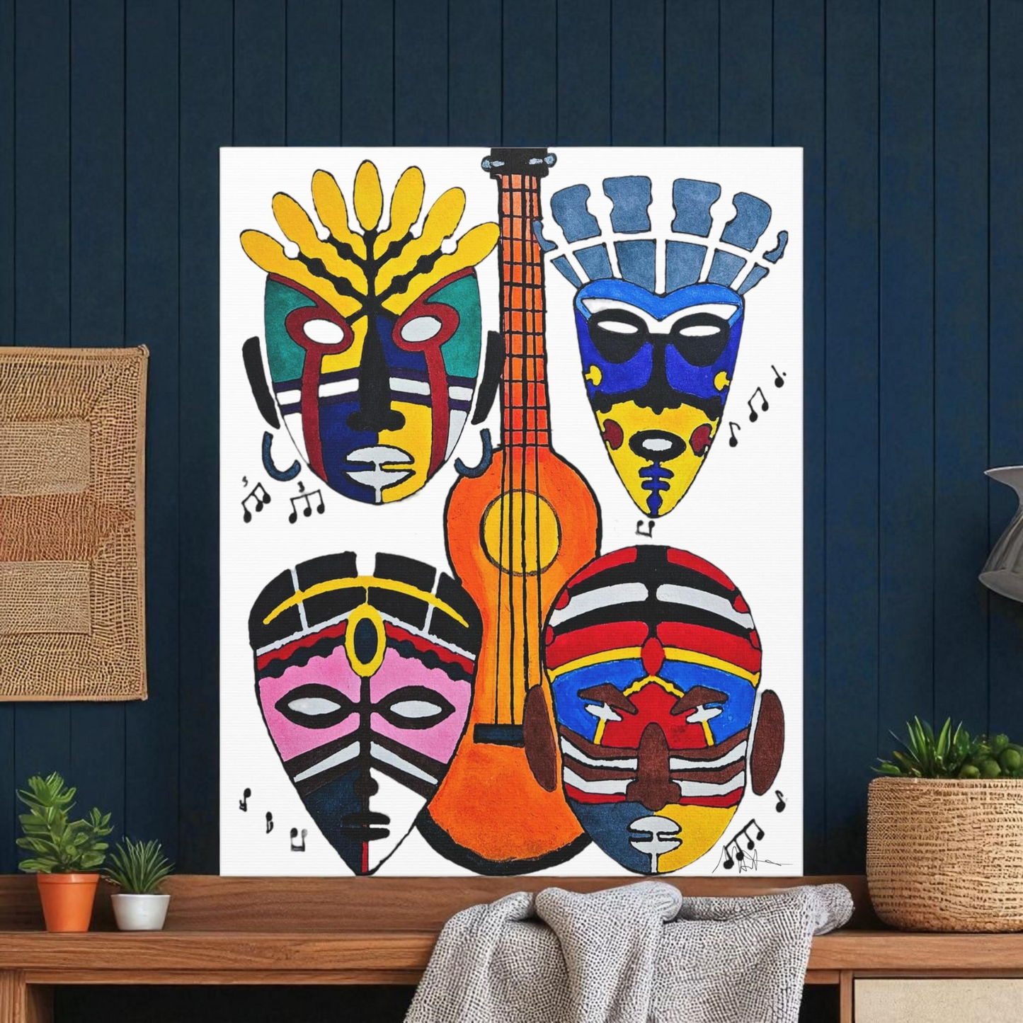 Tribal Mask Canvas, Singing Mask Painting, Wall Art Decor, Home Office Decoration