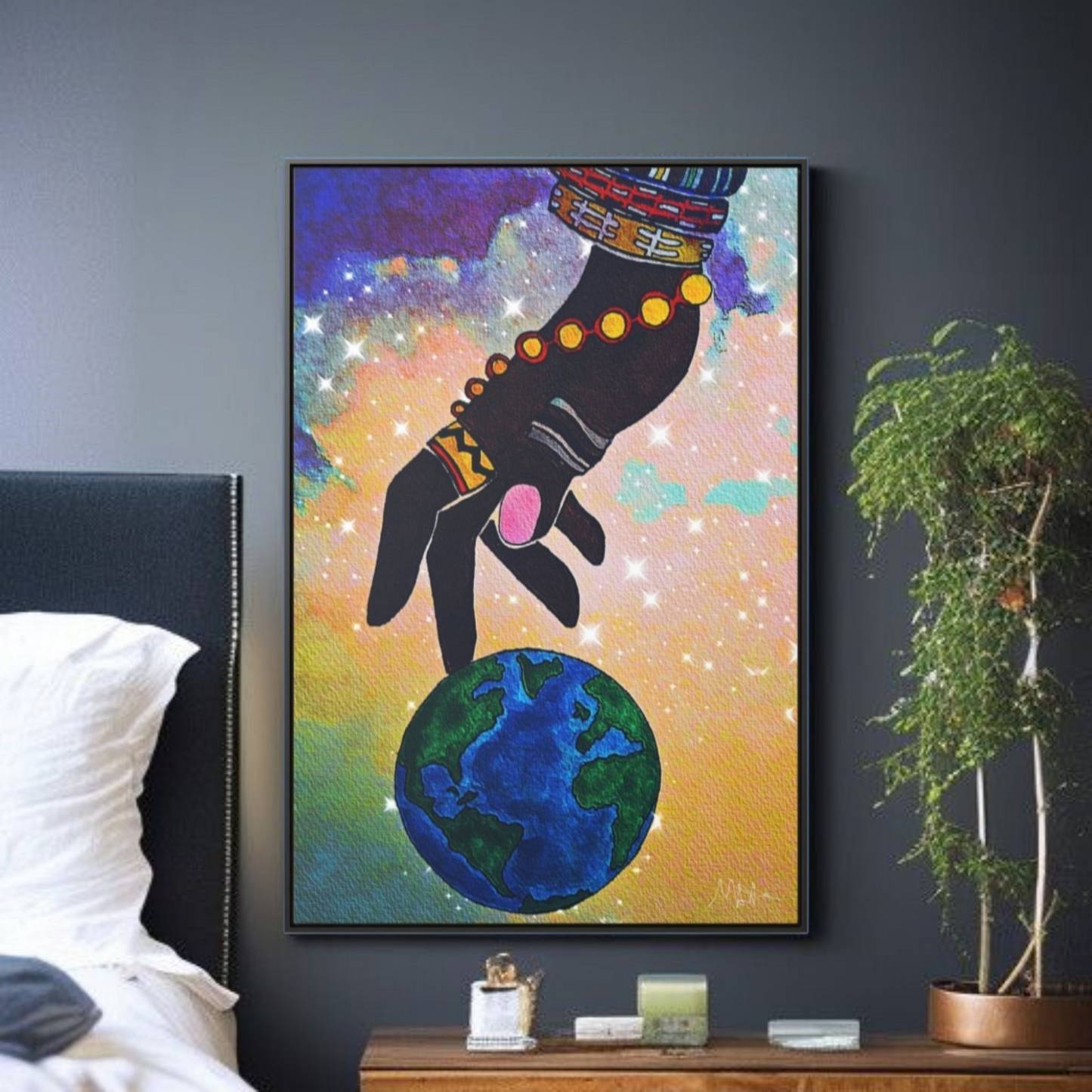 Cosmic Ethnic Wall Art - Handcrafted Astronomical Painting, Unique Space-Themed Decor, Vertica Frame