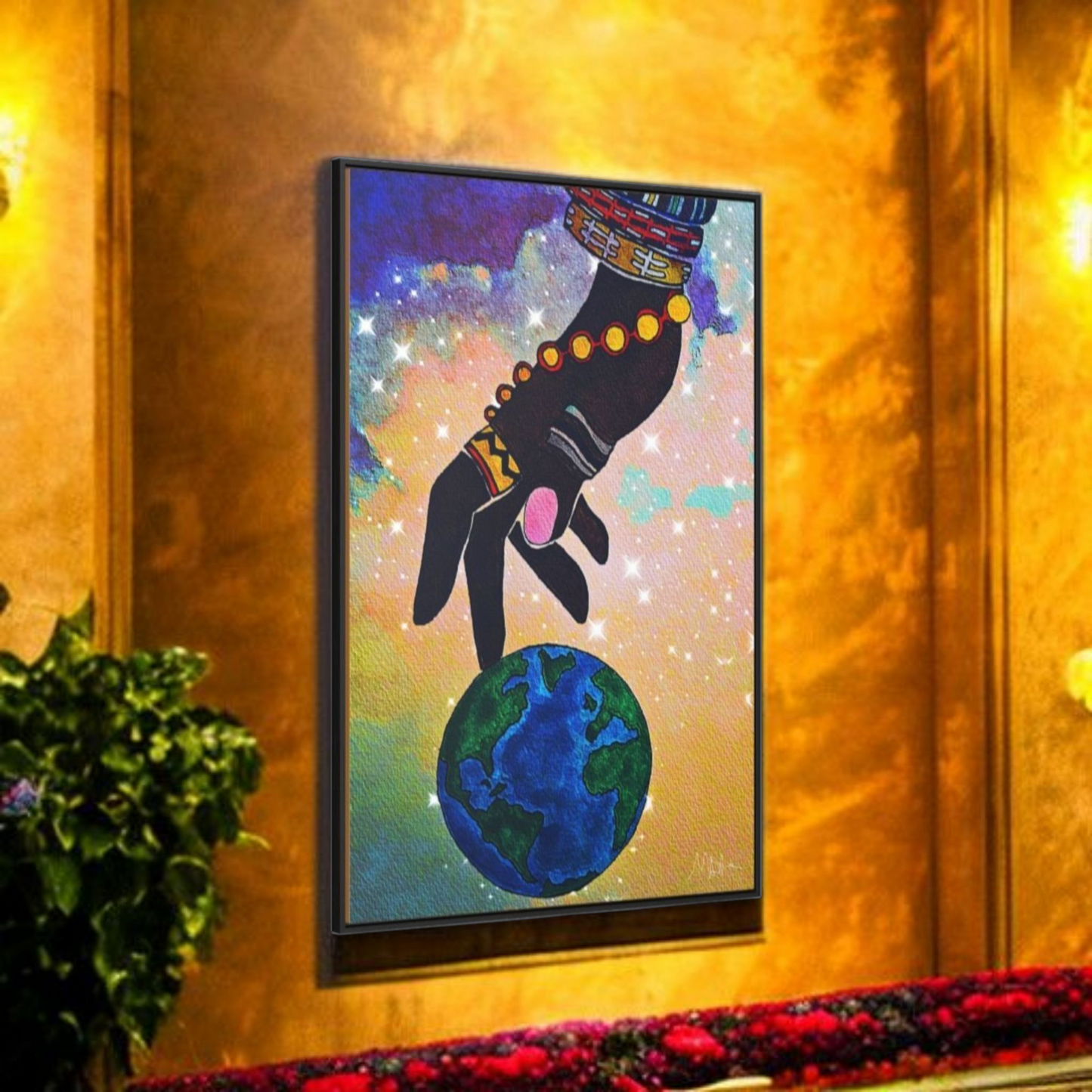 Cosmic Ethnic Wall Art - Handcrafted Astronomical Painting, Unique Space-Themed Decor, Vertica Frame