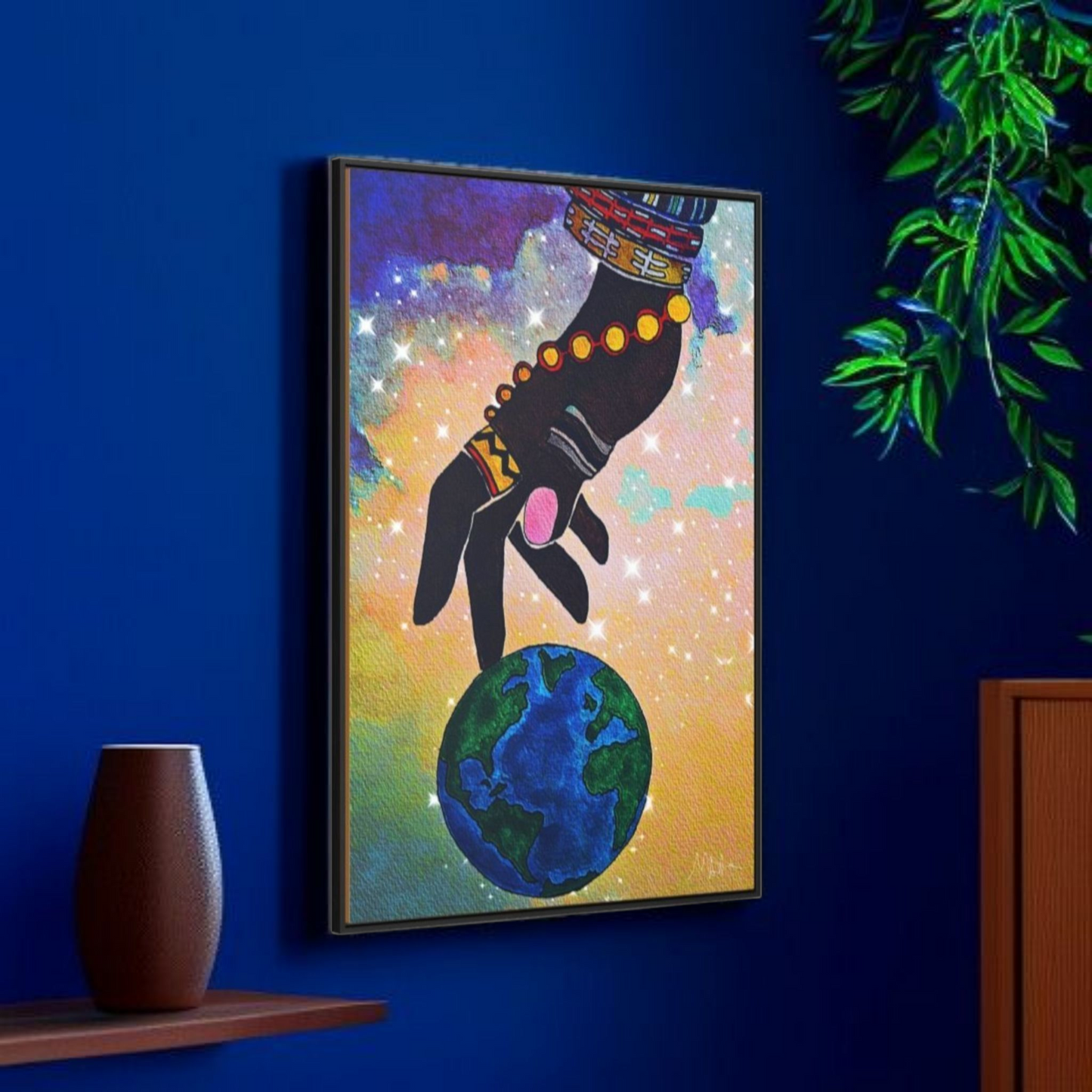 Cosmic Ethnic Wall Art - Handcrafted Astronomical Painting, Unique Space-Themed Decor, Vertica Frame