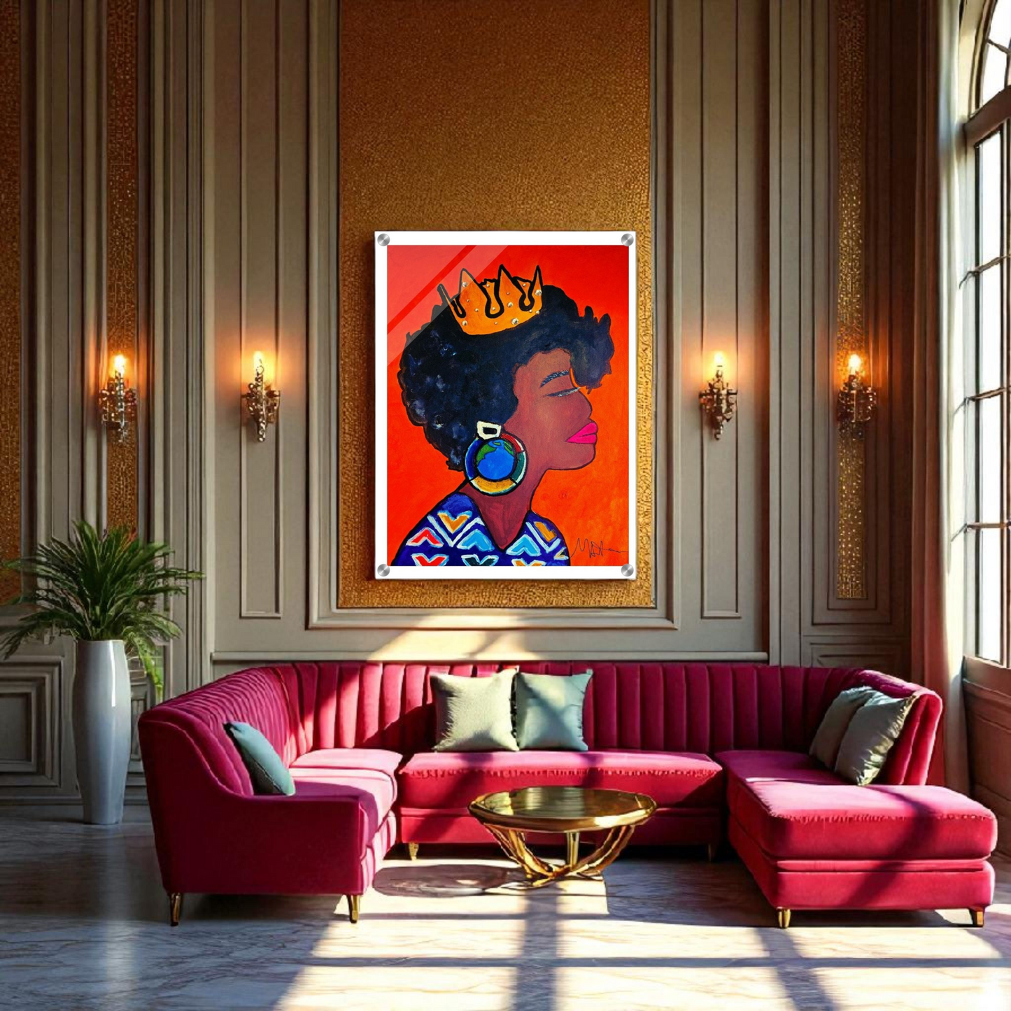 Original Artisan Black Woman Portrait, Elegant Afrocentric Painting, Office Decor