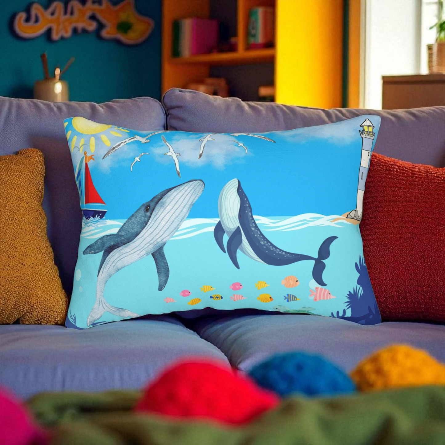 Whale Watching Lumbar Pillow - Coastal Decor for Beach Lovers