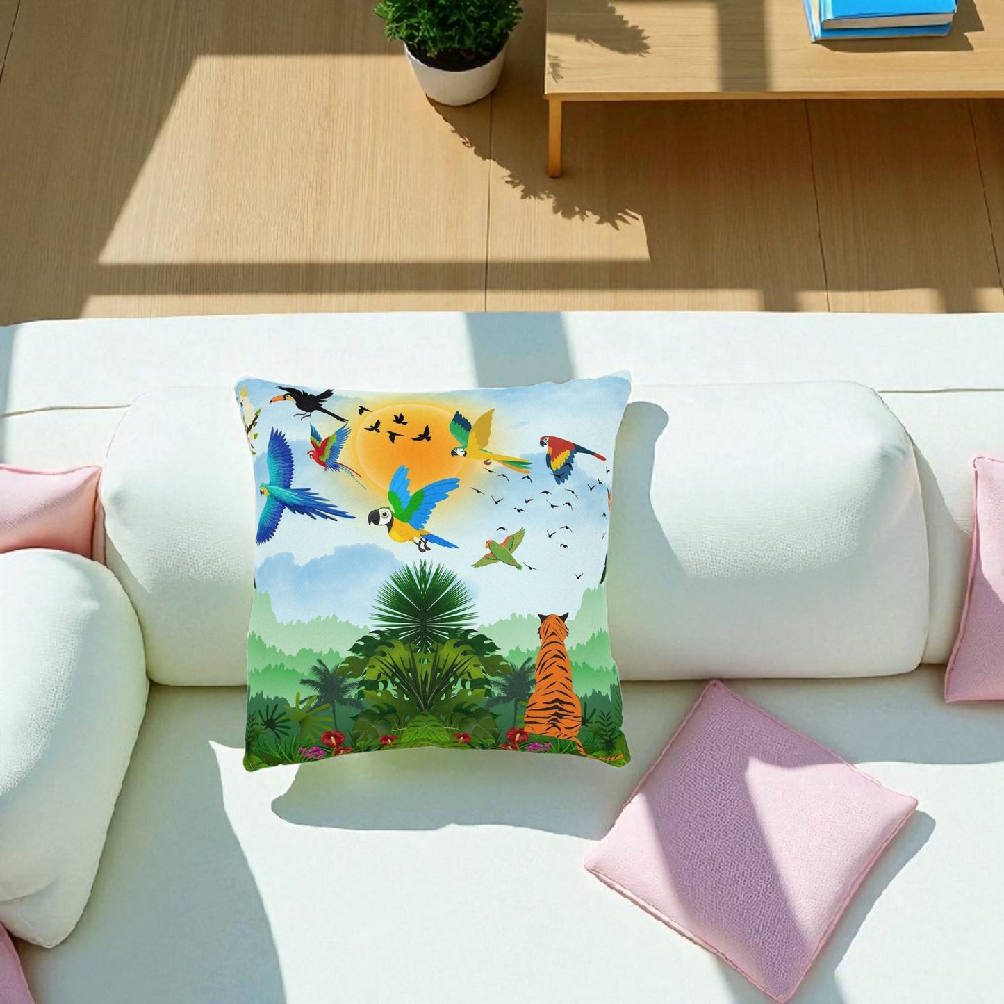 Tropical Jungle Square Pillow with Vibrant Wildlife Design