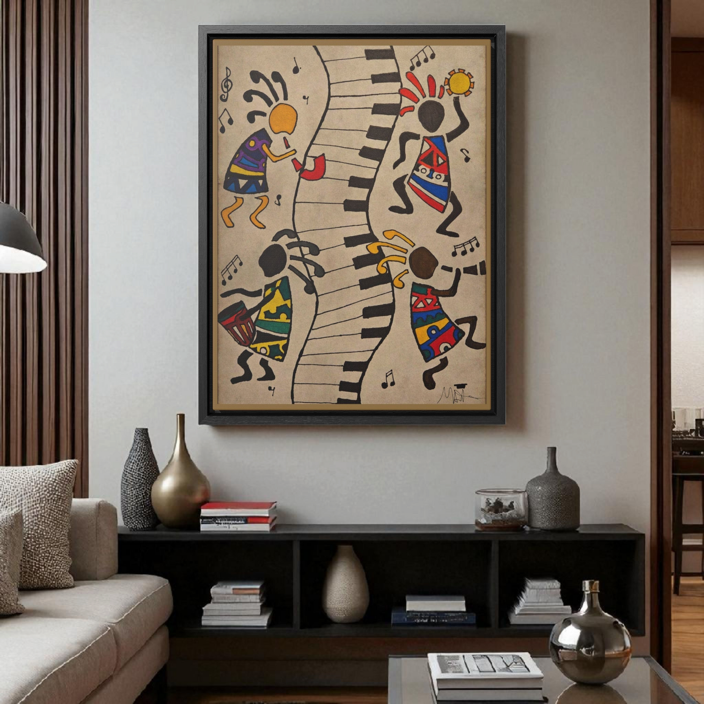 Handcrafted Tribal Music Artwork, Original Pen and Ink Drawing, Statement Wall Piece for Music Rooms