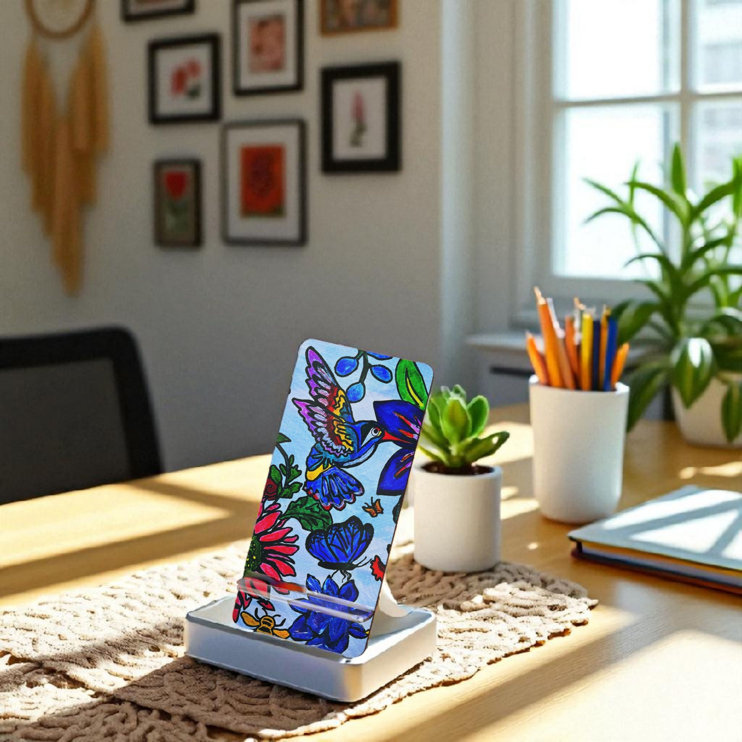 Mobile Display Stand with Handcrafted Spring Floral Artwork, Artisan Phone Holder
