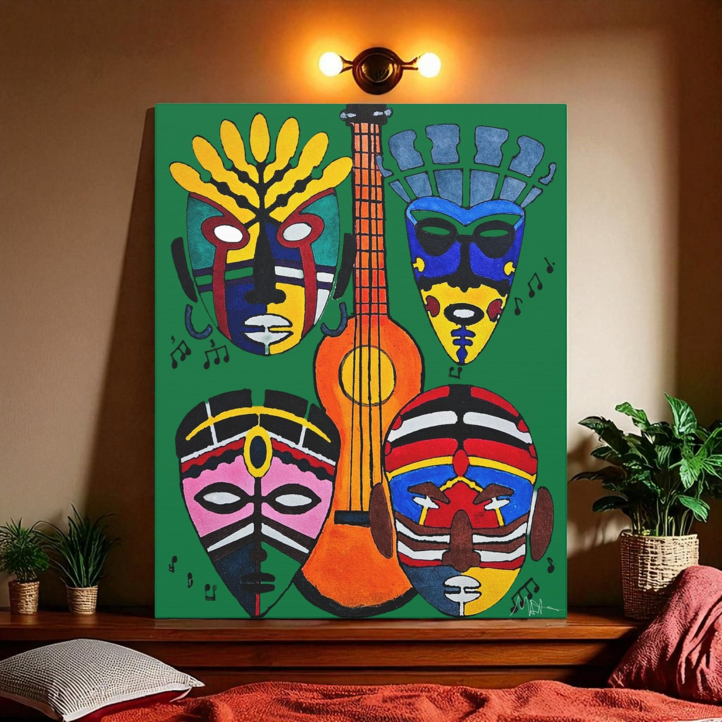Tribal Mask Canvas, Singing Mask Painting, Wall Art Decor, Home Office Decoration