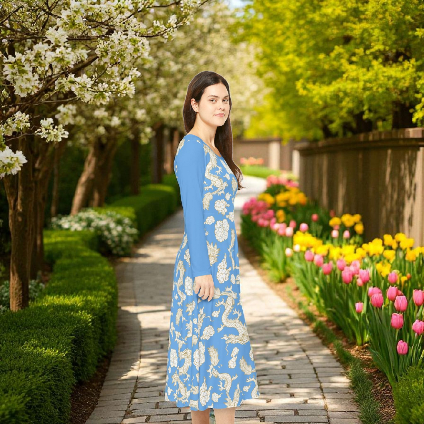 Beautiful Dragon Print Long Sleeve Dance Dress | Boho Style, Dance Wear, Vintage Inspired