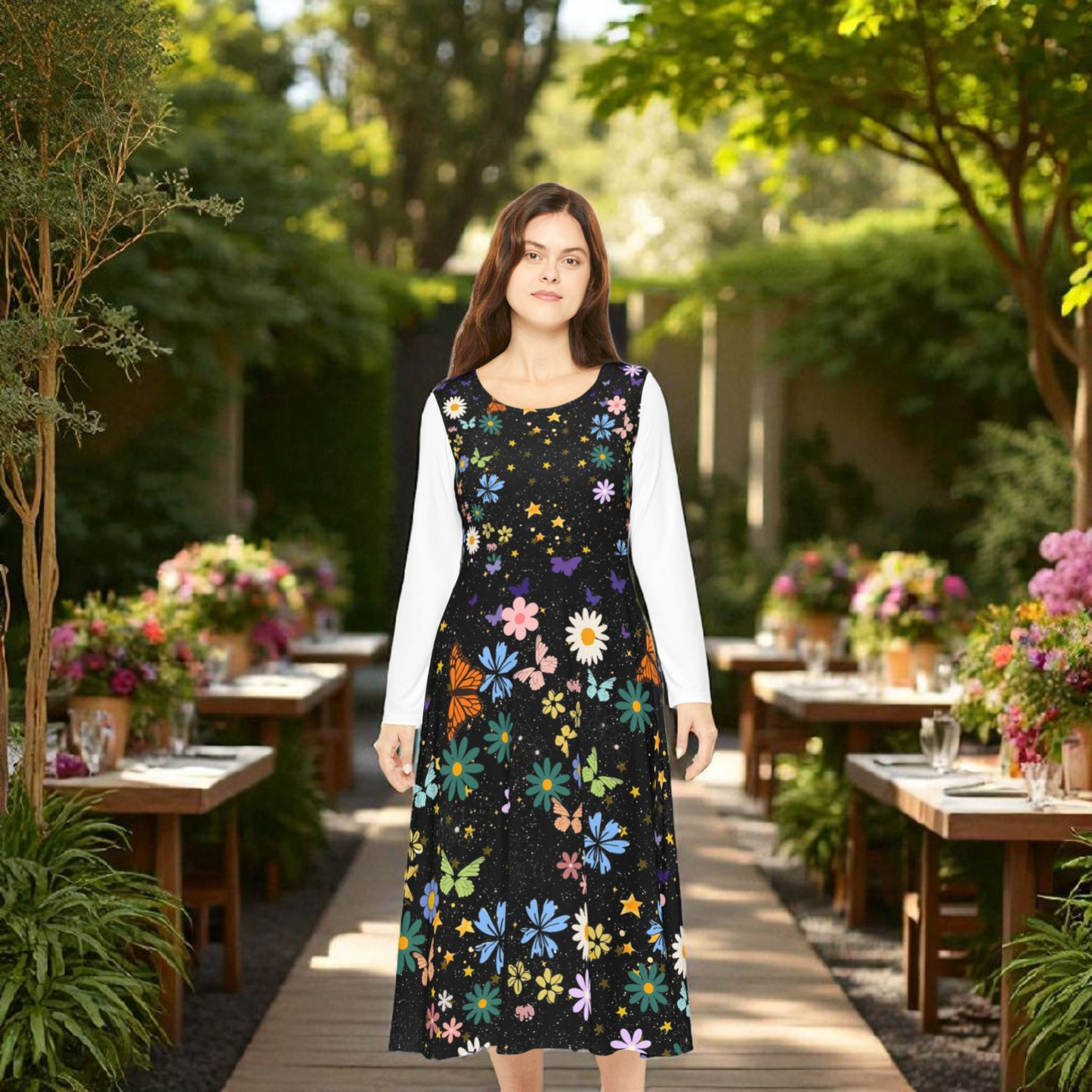 Celestial Floral Long Sleeve Dance Dress - Perfect for Parties, Events, Spring Celebrations