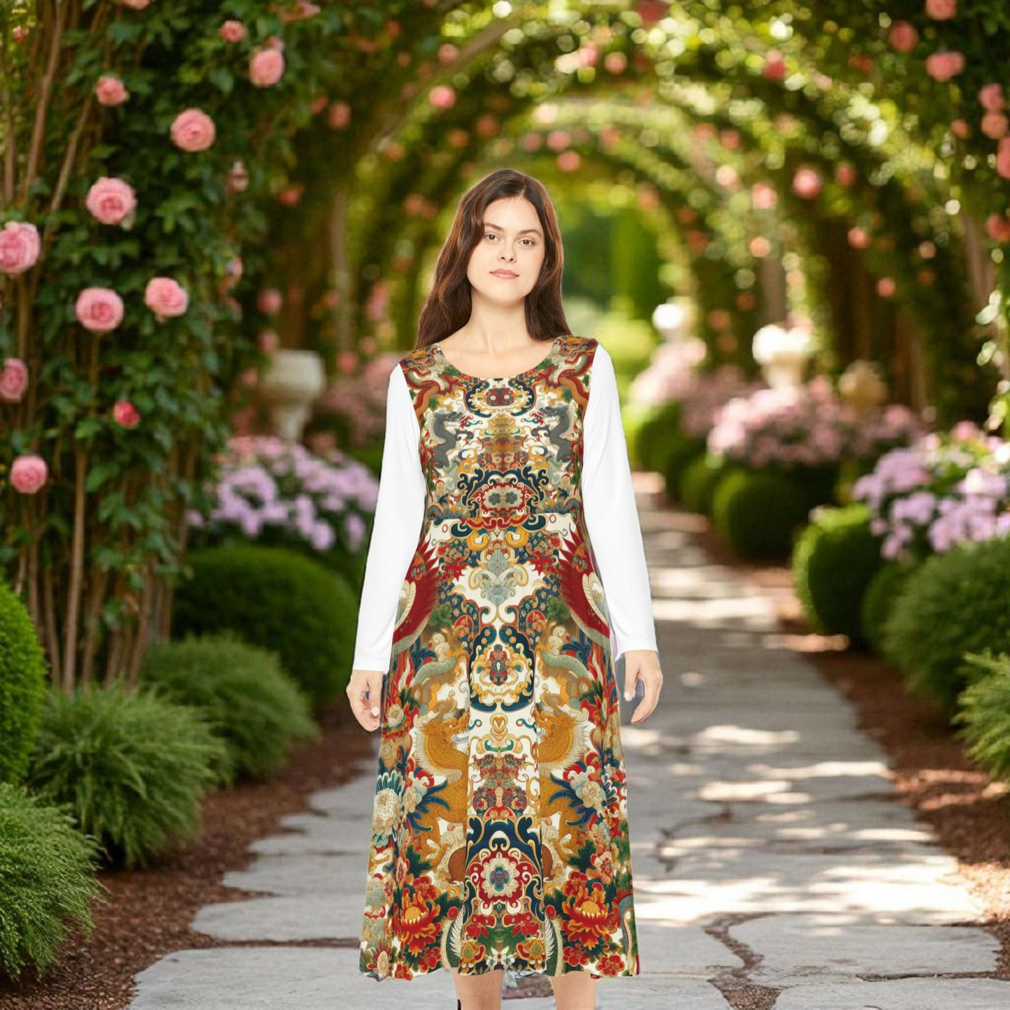 Elegant Floral Print Long Sleeve Dance Dress, Perfect for Parties, Dance Recitals