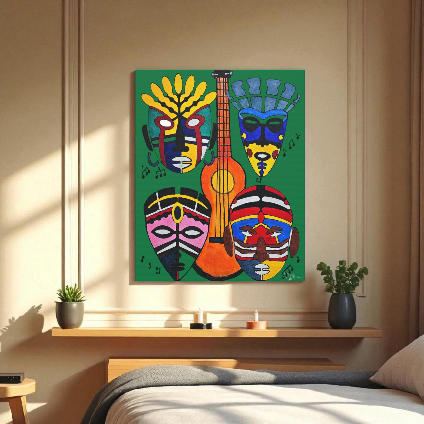 Tribal Mask Canvas, Singing Mask Painting, Wall Art Decor, Home Office Decoration