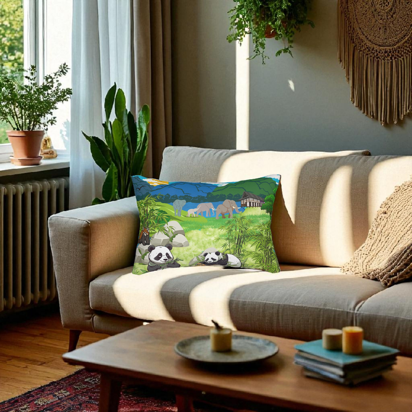 Cozy Wildlife Lumbar Pillow - Nature-Inspired Panda & Elephant Design
