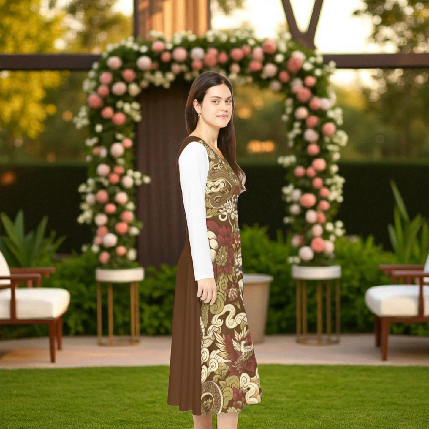 Elegant Floral Print Long Sleeve Dance Dress, Perfect for Parties, Dance Recitals