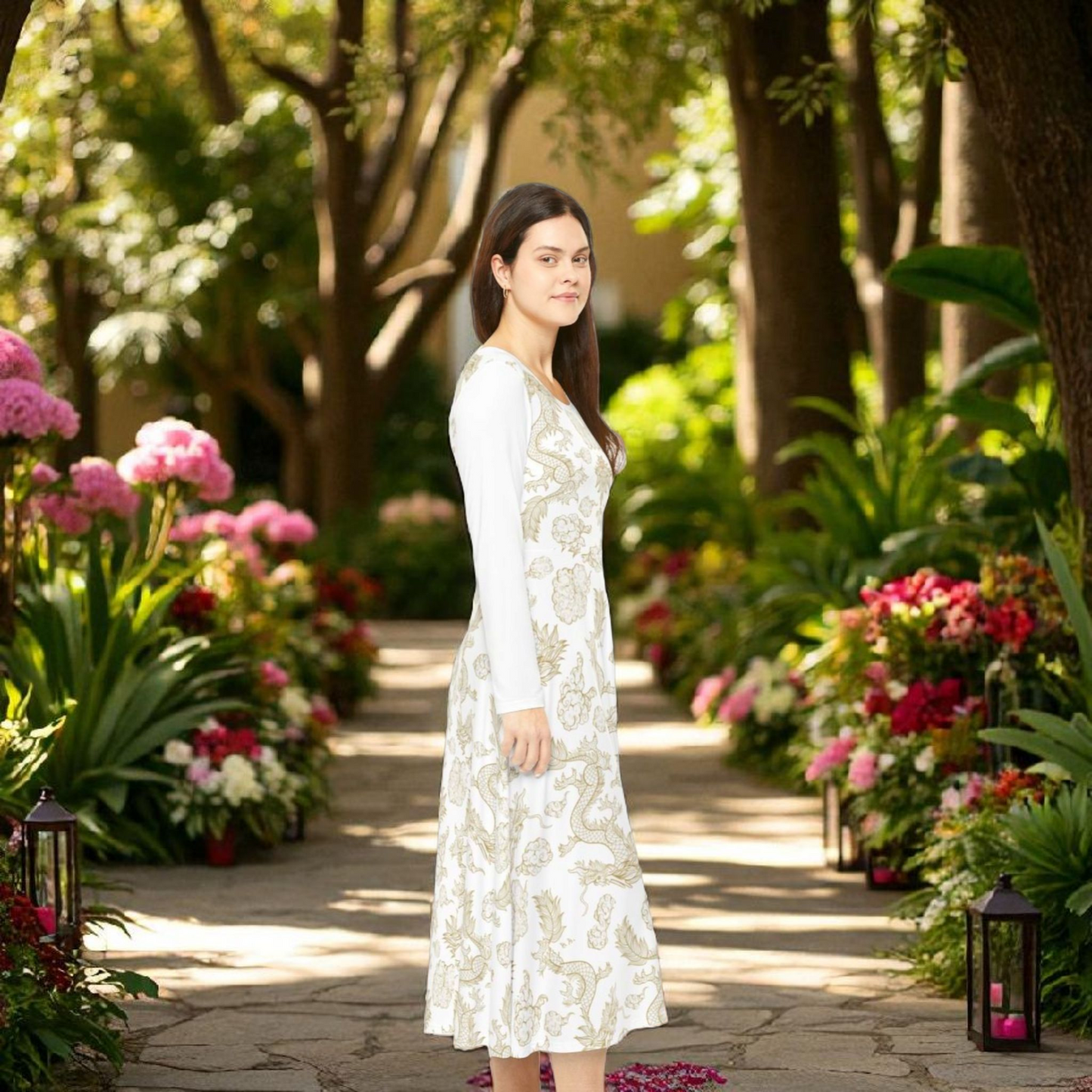 Elegant Dragon Print Long Sleeve Dance Dress | Boho Style, Dance Wear, Vintage Inspired