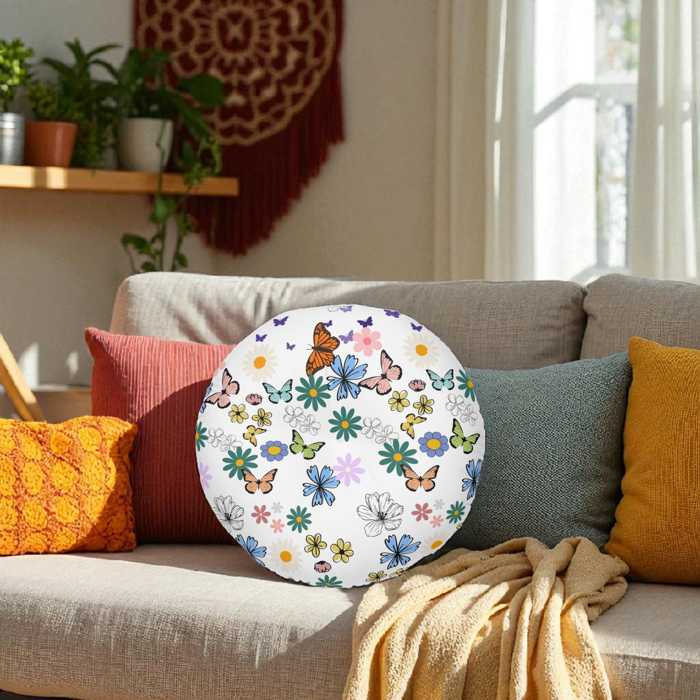 Floral Tufted Floor Pillow - Round Cushion for Cozy Decor