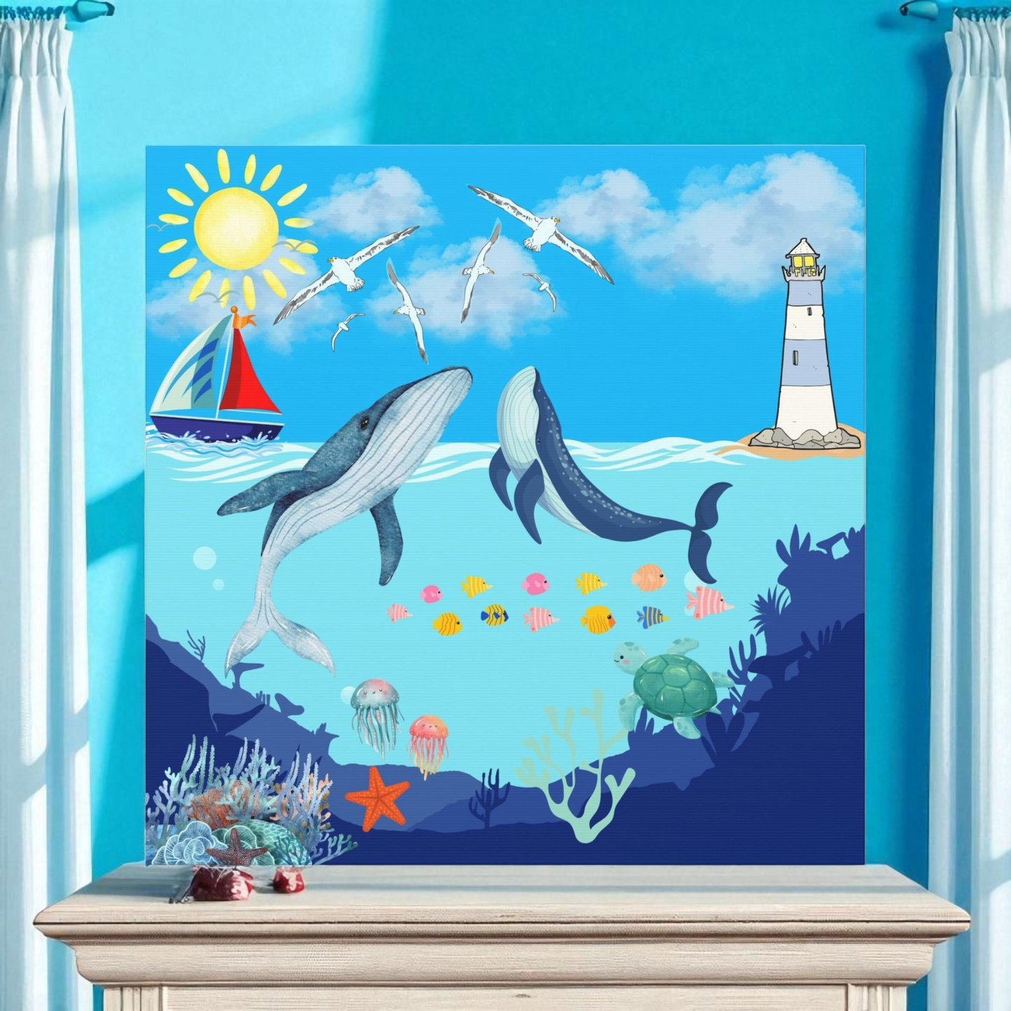 Whale Art Canvas, Ocean Life Wall Art, Nautical Home Decor, Coastal Canvas Print
