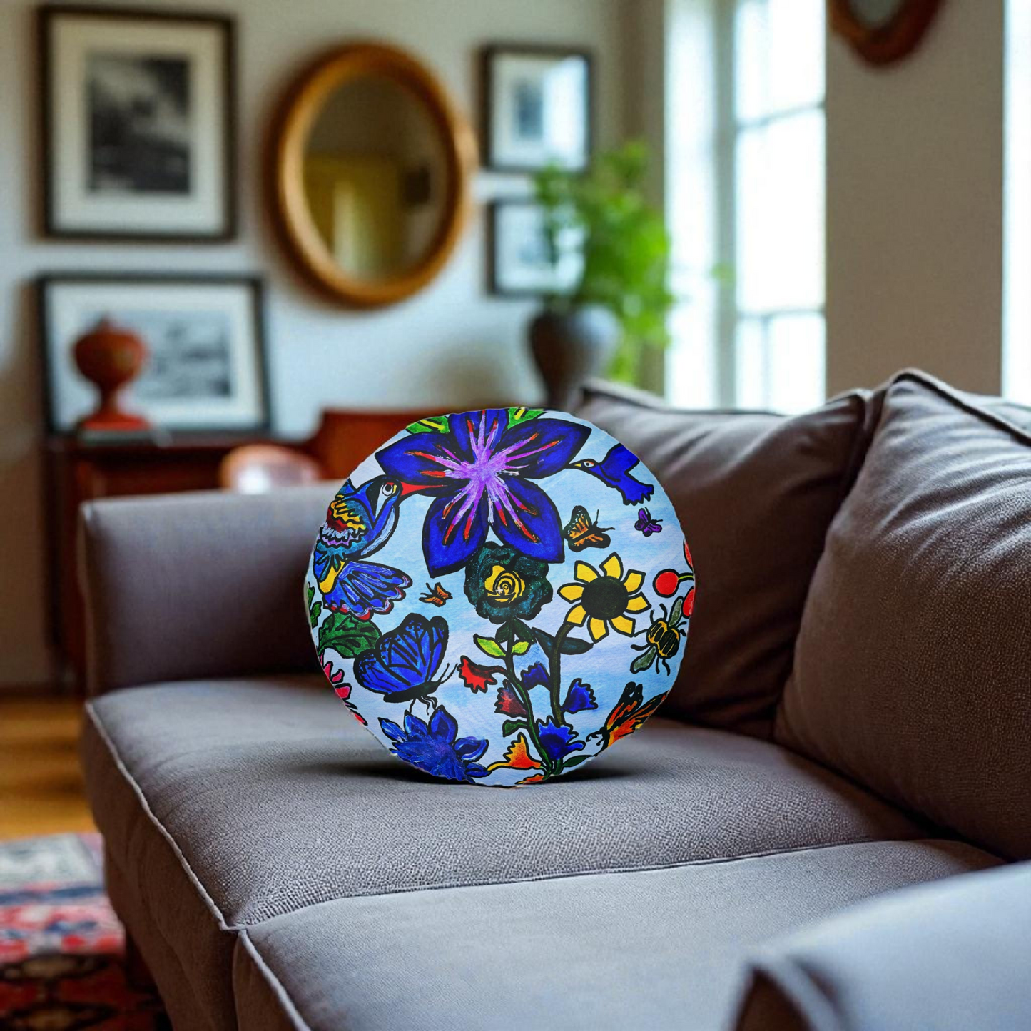 Tufted Floor Pillow - Artisanal Spring Floral Design, Round & Plush for Home Decor