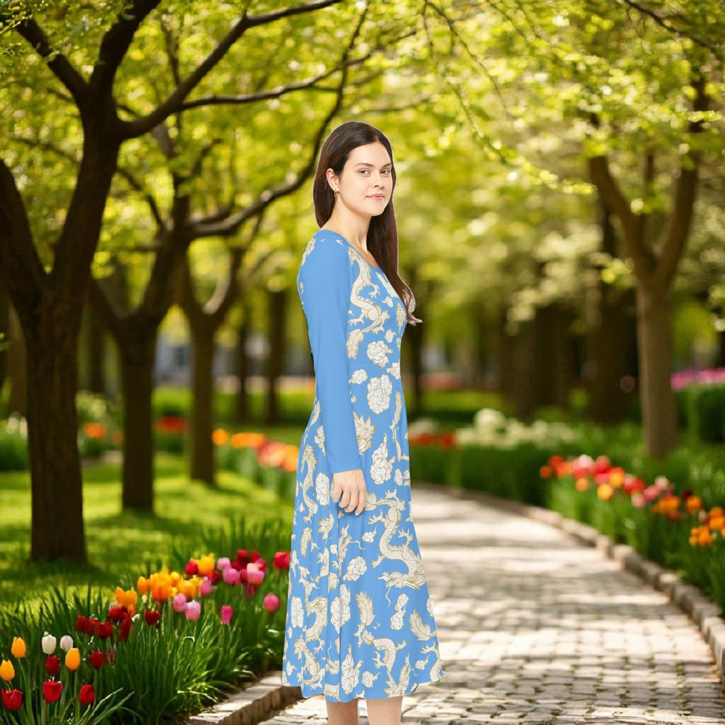 Beautiful Dragon Print Long Sleeve Dance Dress | Boho Style, Dance Wear, Vintage Inspired