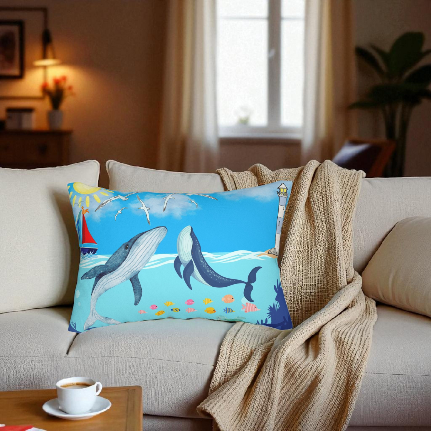 Whale Watching Lumbar Pillow - Coastal Decor for Beach Lovers