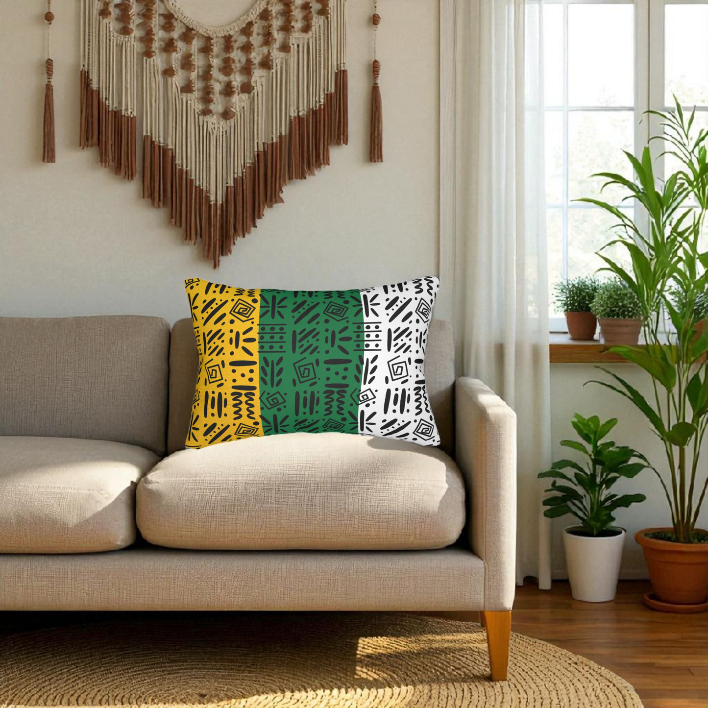 Boho Spun Polyester Lumbar Pillow with Tribal Pattern Water-resistant Hidden Zipper