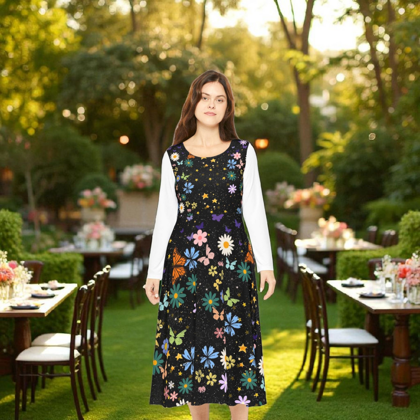 Celestial Floral Long Sleeve Dance Dress - Perfect for Parties, Events, Spring Celebrations
