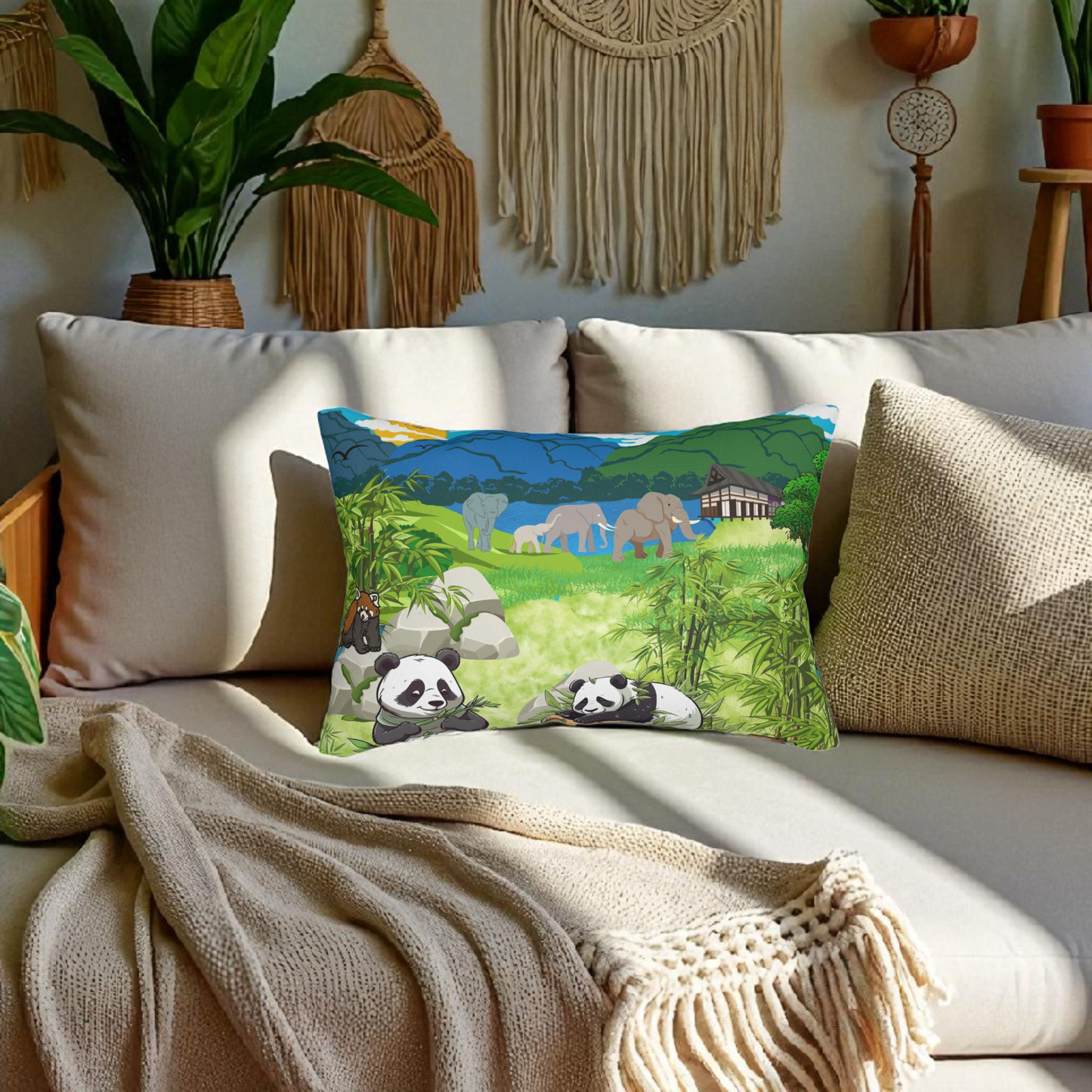 Cozy Wildlife Lumbar Pillow - Nature-Inspired Panda & Elephant Design