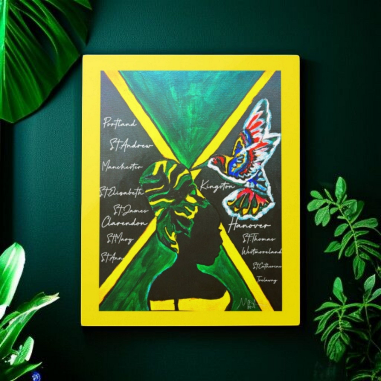 Handcrafted Ethnic Wall Art - Jamaican Female Portrait with Flag Colors, Cultural Home Accent