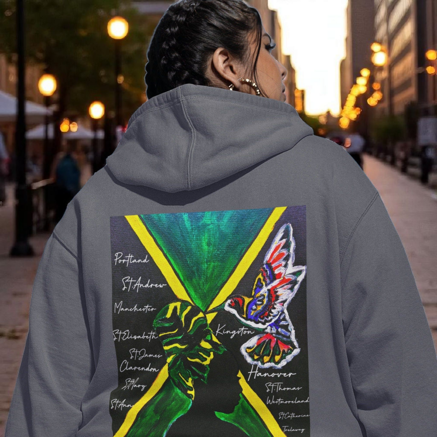 Unisex Graphic Hoodie with Hand Drawn Jamaican Flag Art , Trendy Casual Wear