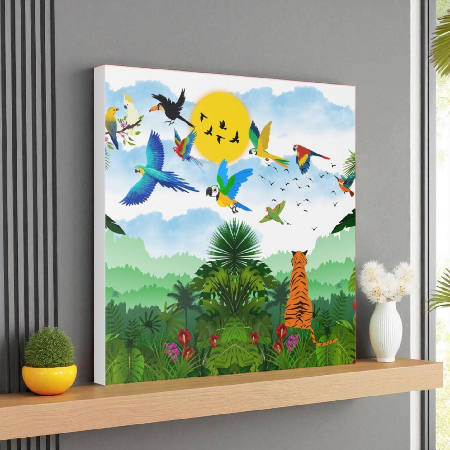 Canvas Gallery Wraps, Tropical Bird Jungle Art Tiger Wall Art, Wall Decor, Wildlife Home Decor