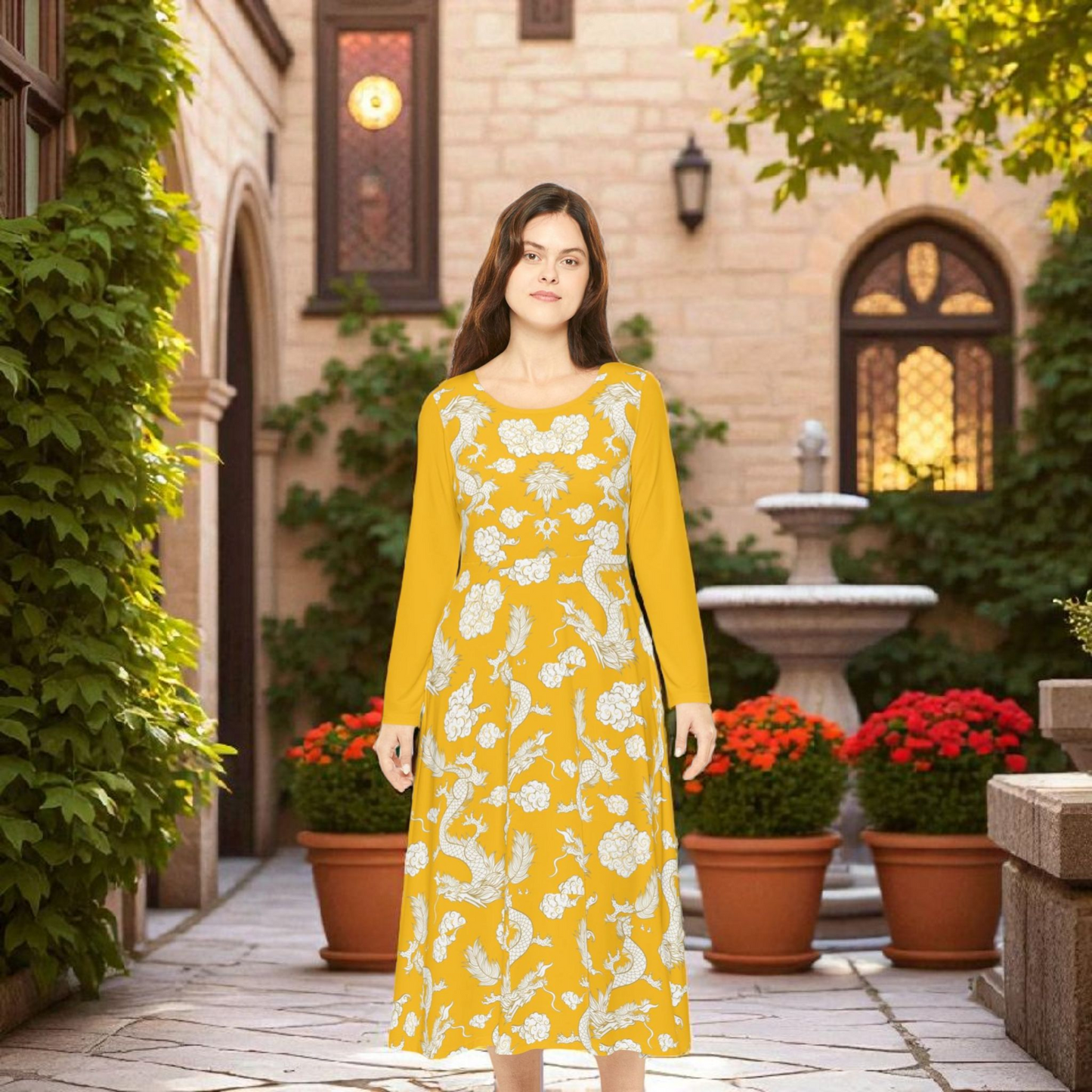 Dragon Print Long Sleeve Dance Dress | Boho Style, Dance Wear, Vintage Inspired