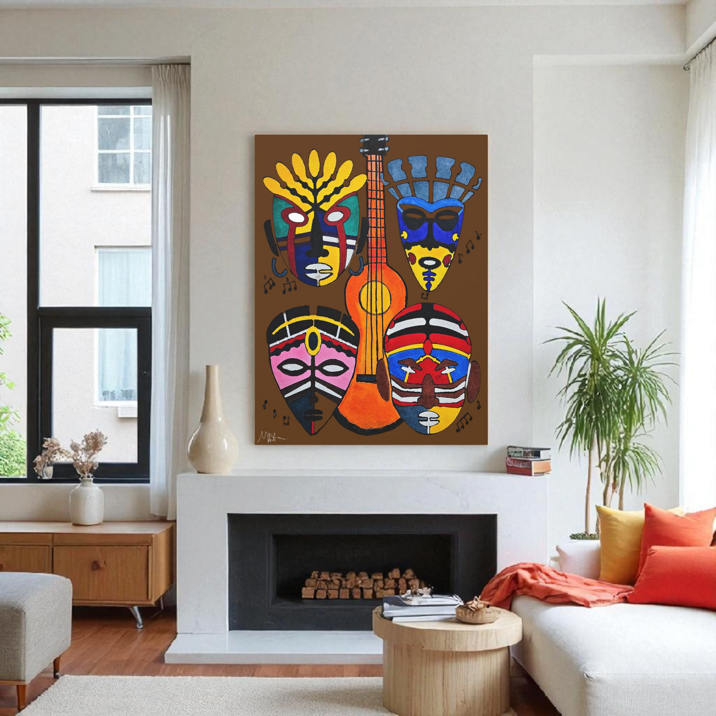 Tribal Mask Canvas, Singing Mask Painting, Wall Art Decor, Home Office Decoration