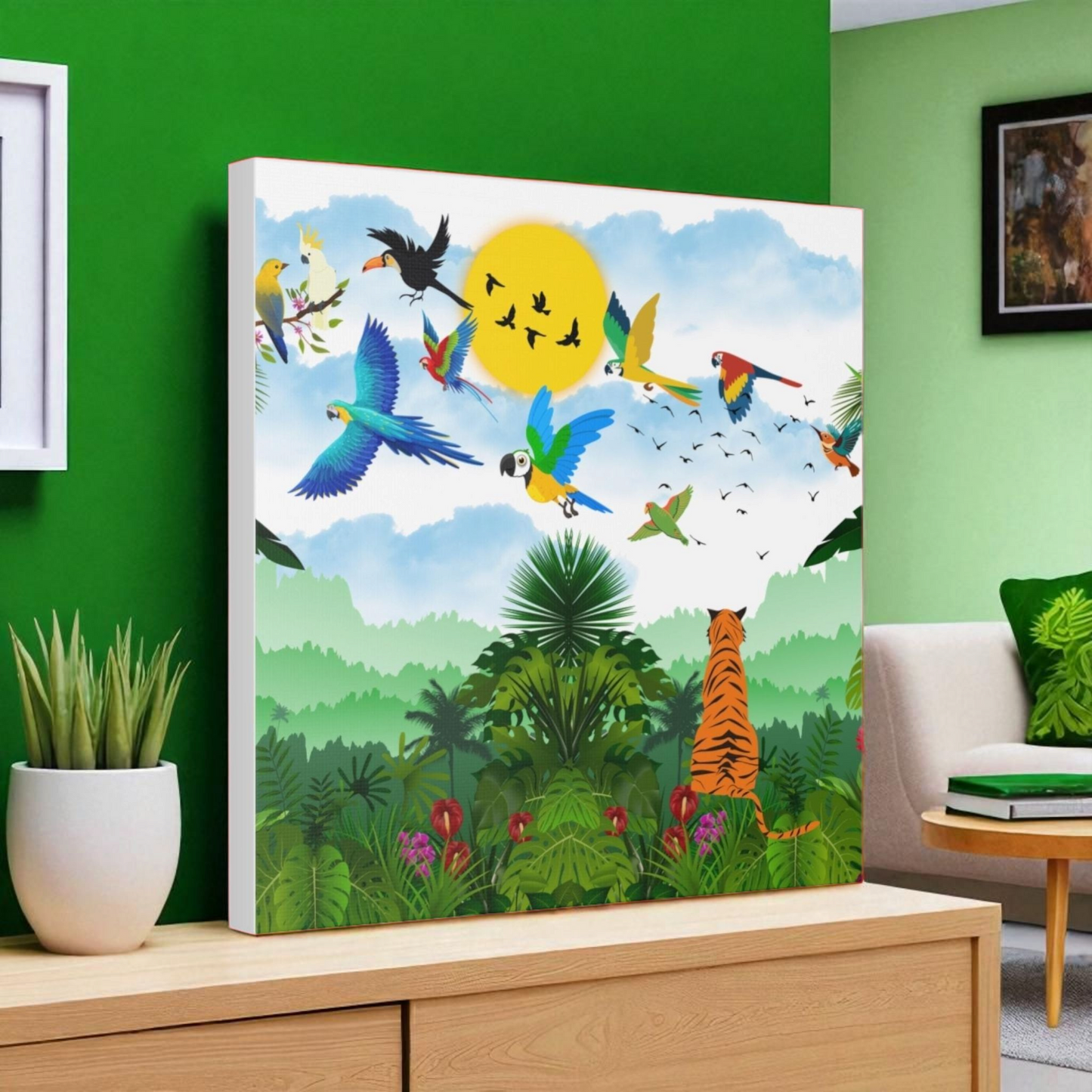 Canvas Gallery Wraps, Tropical Bird Jungle Art Tiger Wall Art, Wall Decor, Wildlife Home Decor