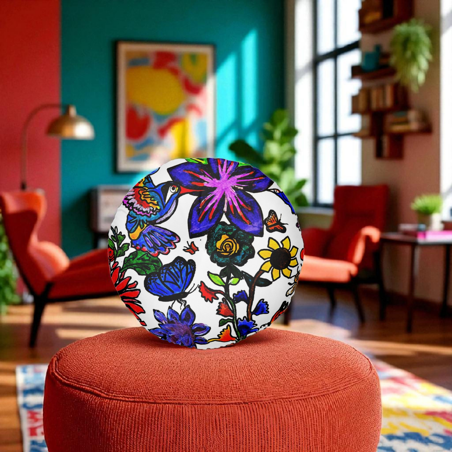 Colorful Round Tufted Floor Pillow with Hand Drawn Botanicals- Soft Accent Piece