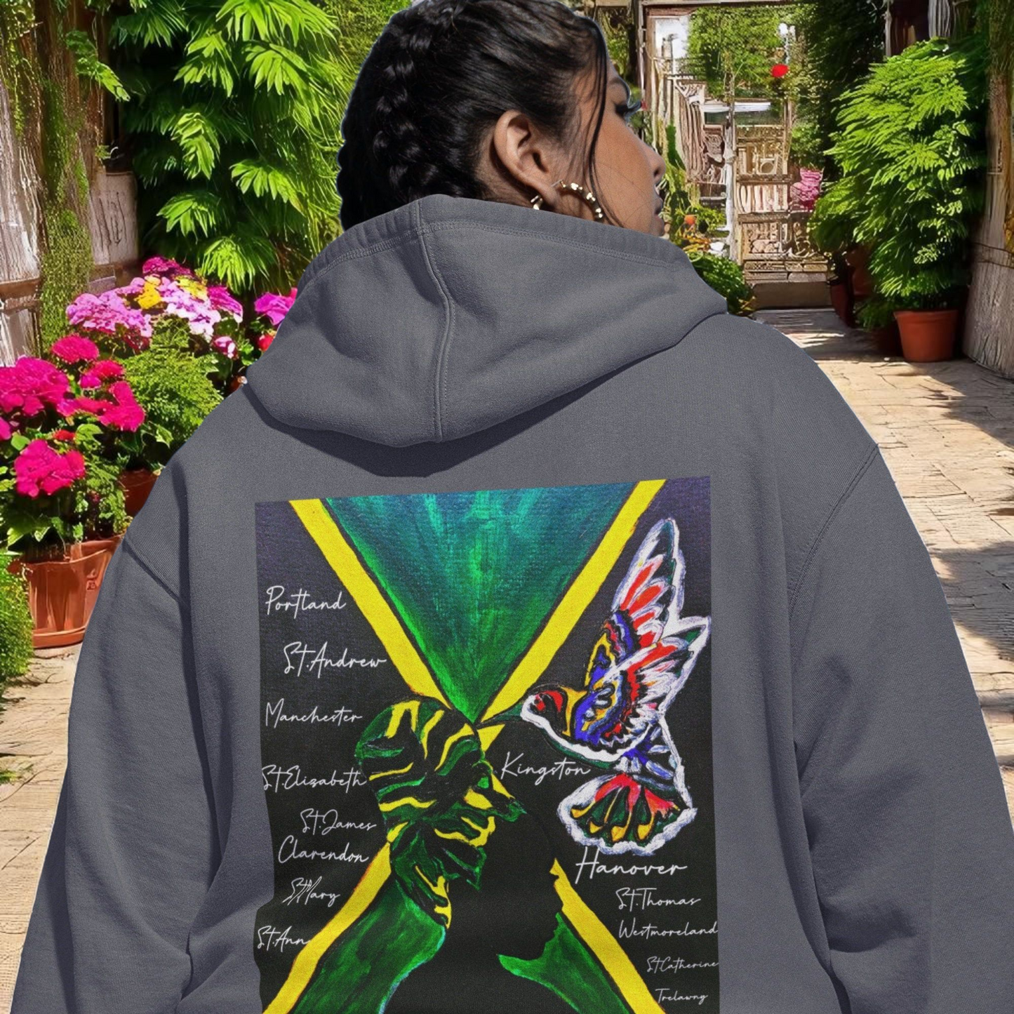 Unisex Graphic Hoodie with Hand Drawn Jamaican Flag Art , Trendy Casual Wear