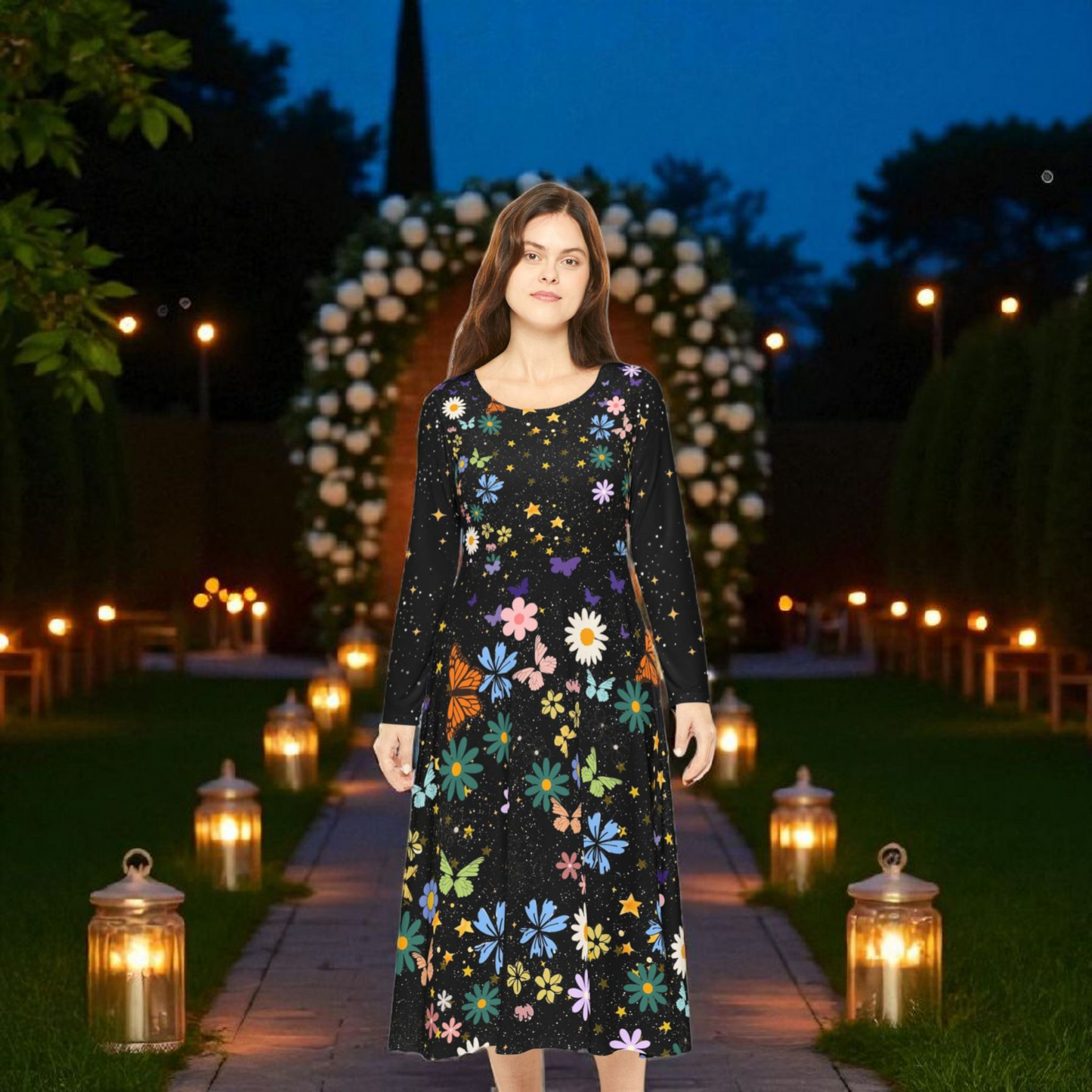Celestial Floral Long Sleeve Dance Dress - Perfect for Parties, Events, Spring Celebrations