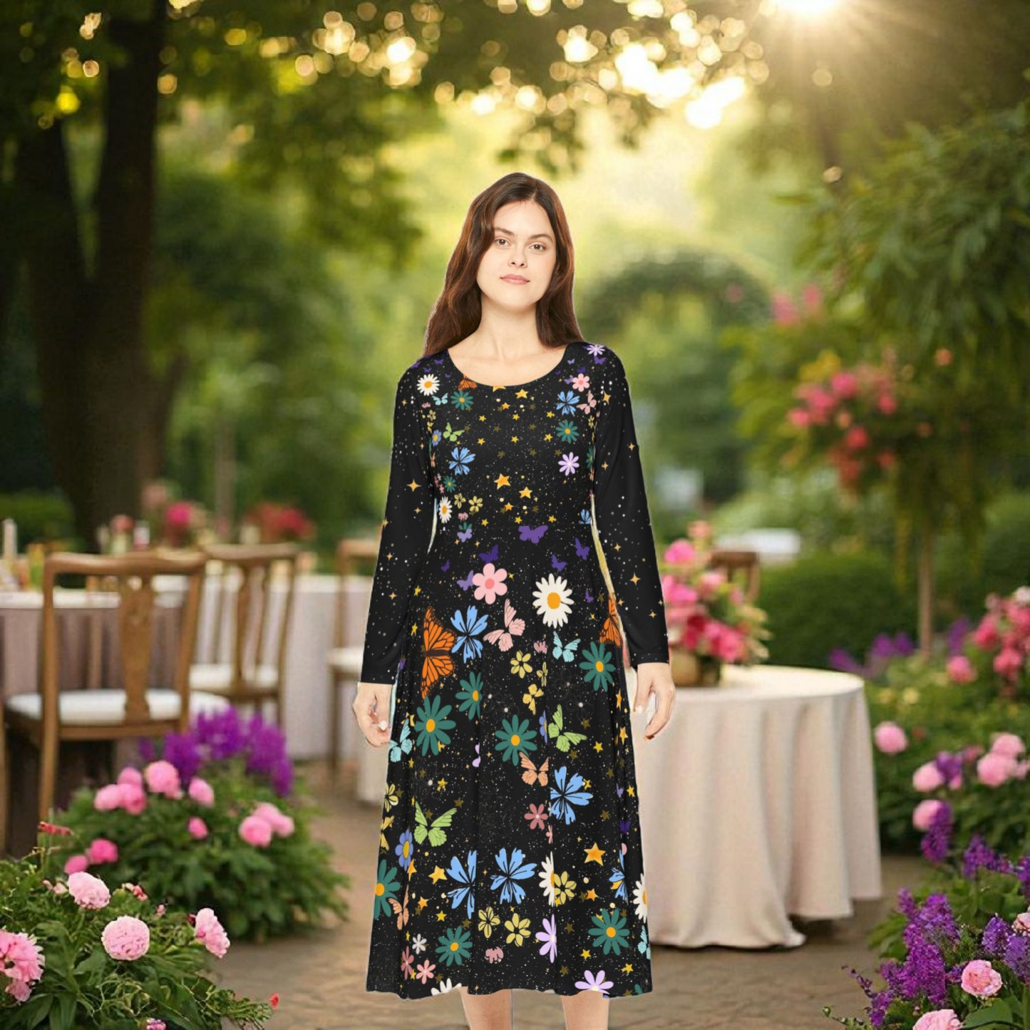 Celestial Floral Long Sleeve Dance Dress - Perfect for Parties, Events, Spring Celebrations