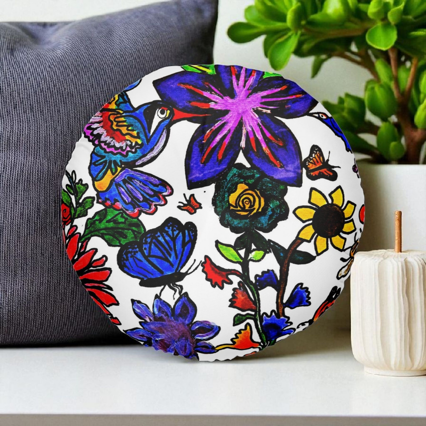 Colorful Round Tufted Floor Pillow with Hand Drawn Botanicals- Soft Accent Piece