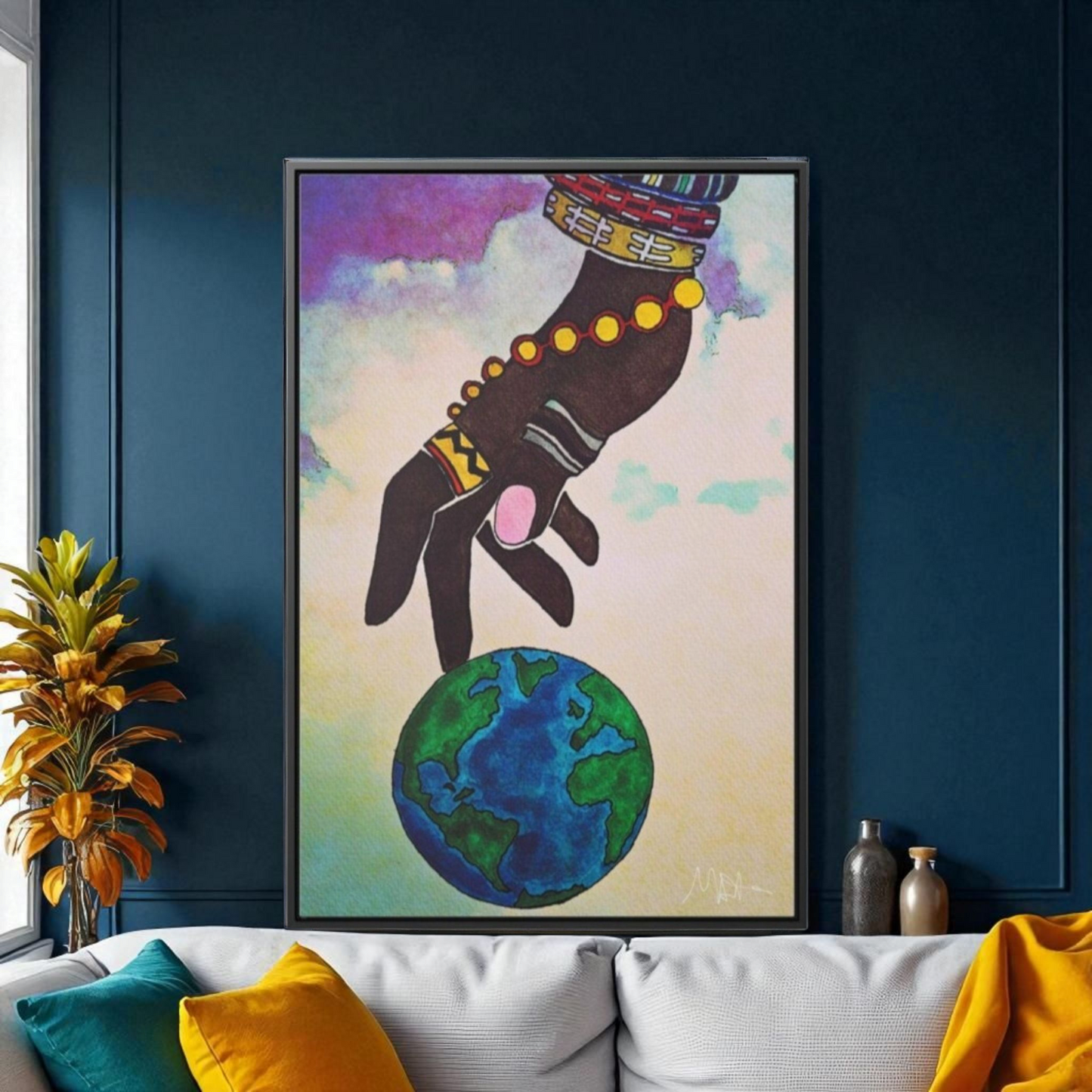 Astronomical Ethnic Wall Art - Stargazer's Dream, Cultural Celestial Scene, Vertical Frame