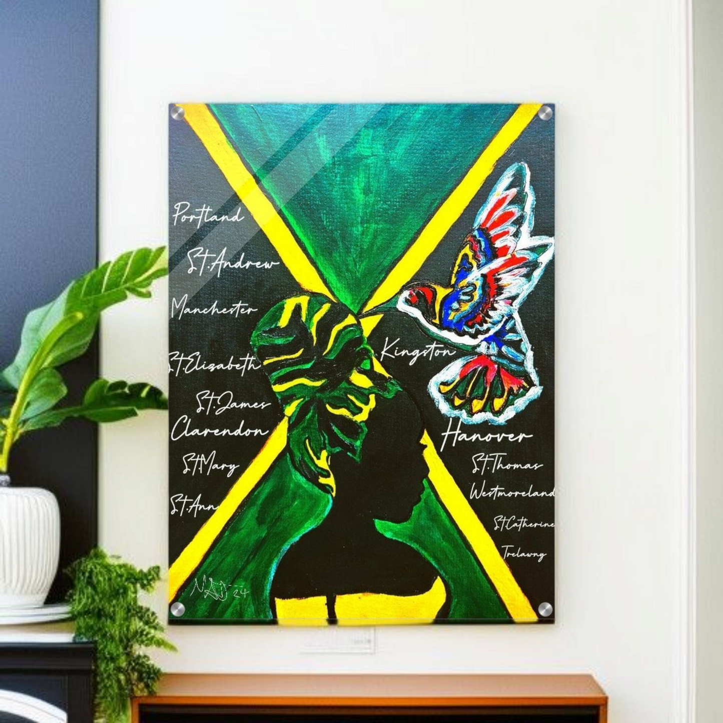 Hand Drawn Wall Art with Jamaican Woman, Original Acrylic Painting for Bohemian