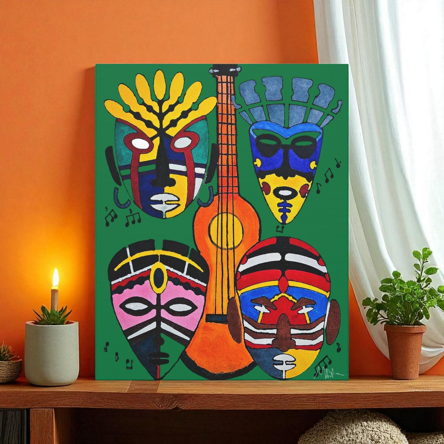 Tribal Mask Canvas, Singing Mask Painting, Wall Art Decor, Home Office Decoration