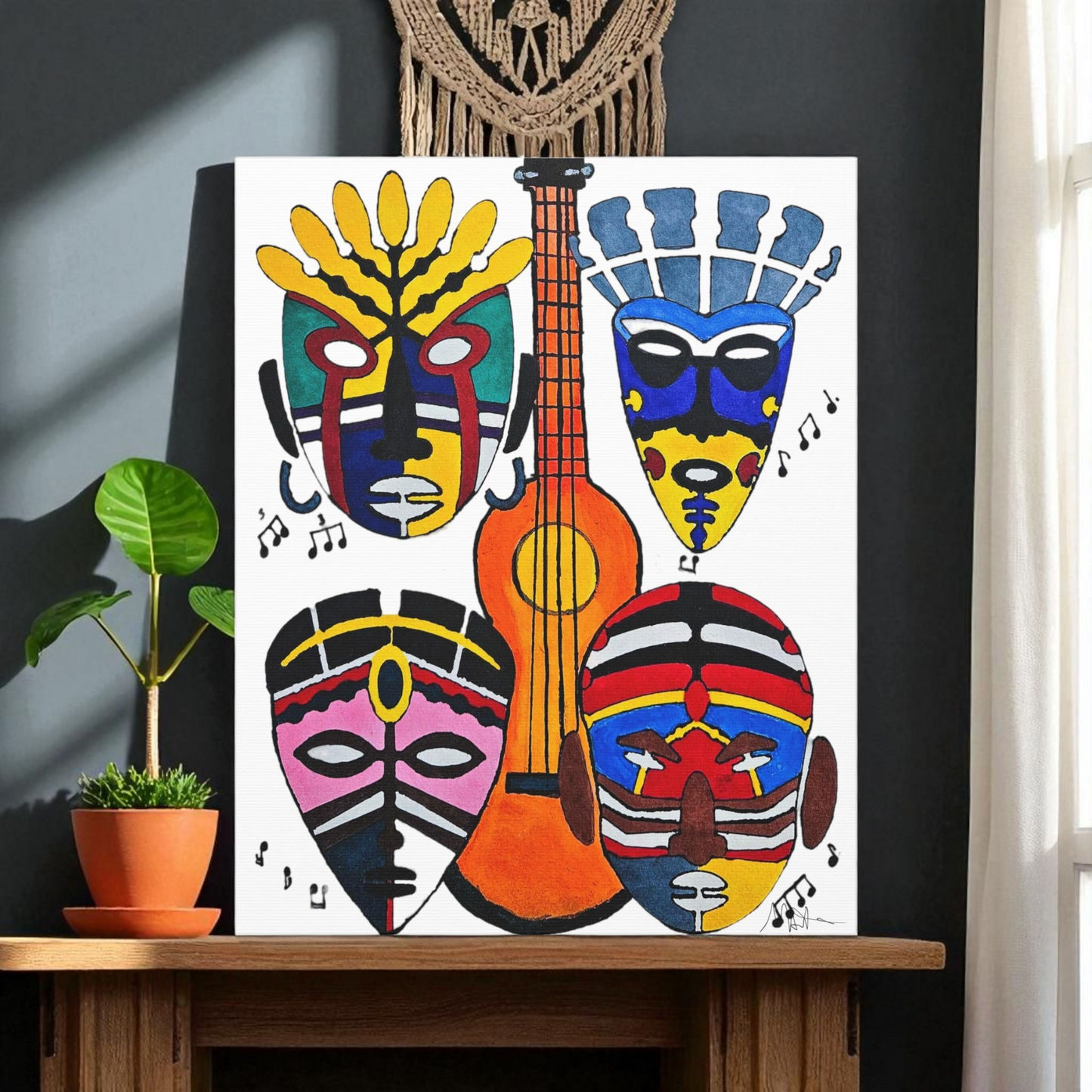 Tribal Mask Canvas, Singing Mask Painting, Wall Art Decor, Home Office Decoration