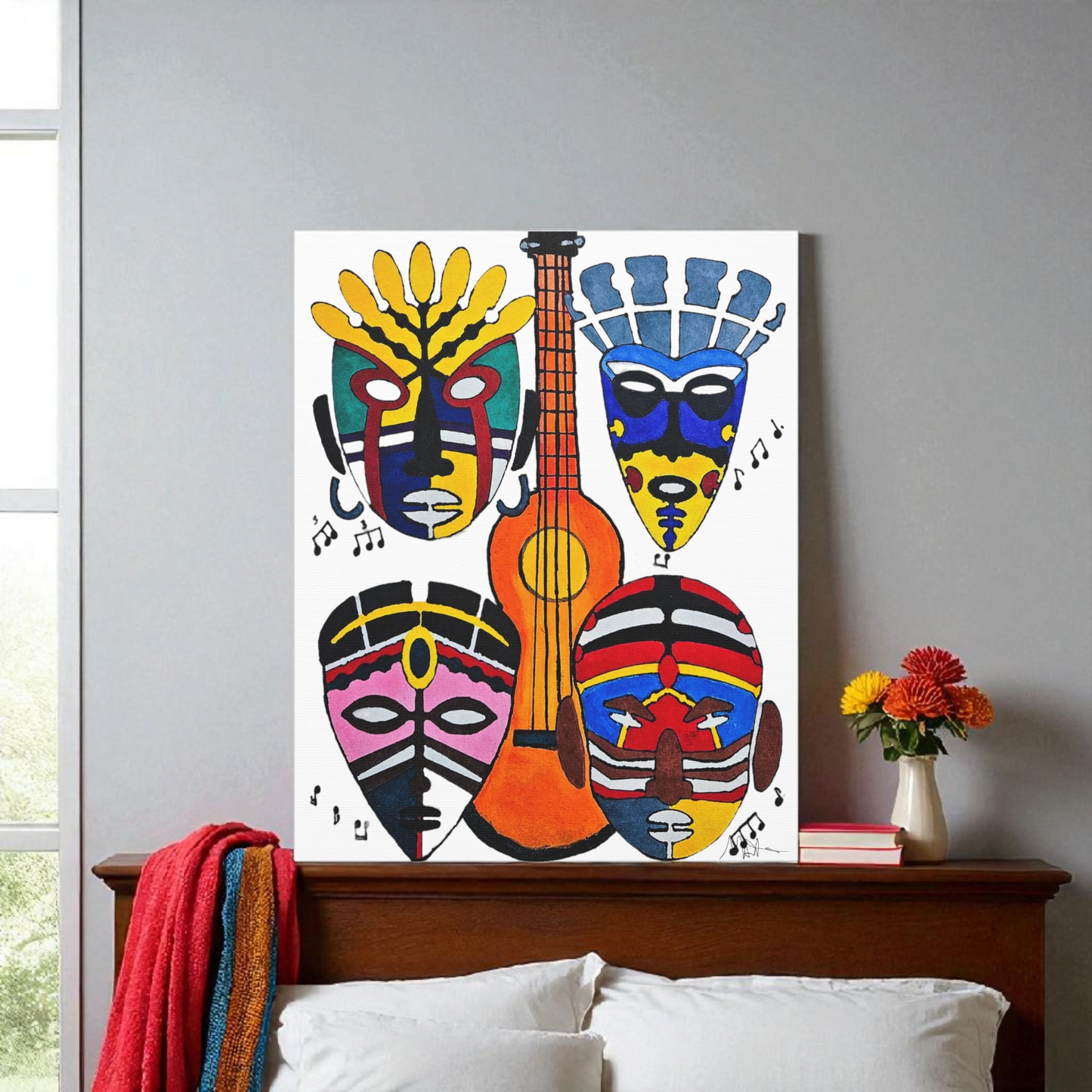 Tribal Mask Canvas, Singing Mask Painting, Wall Art Decor, Home Office Decoration