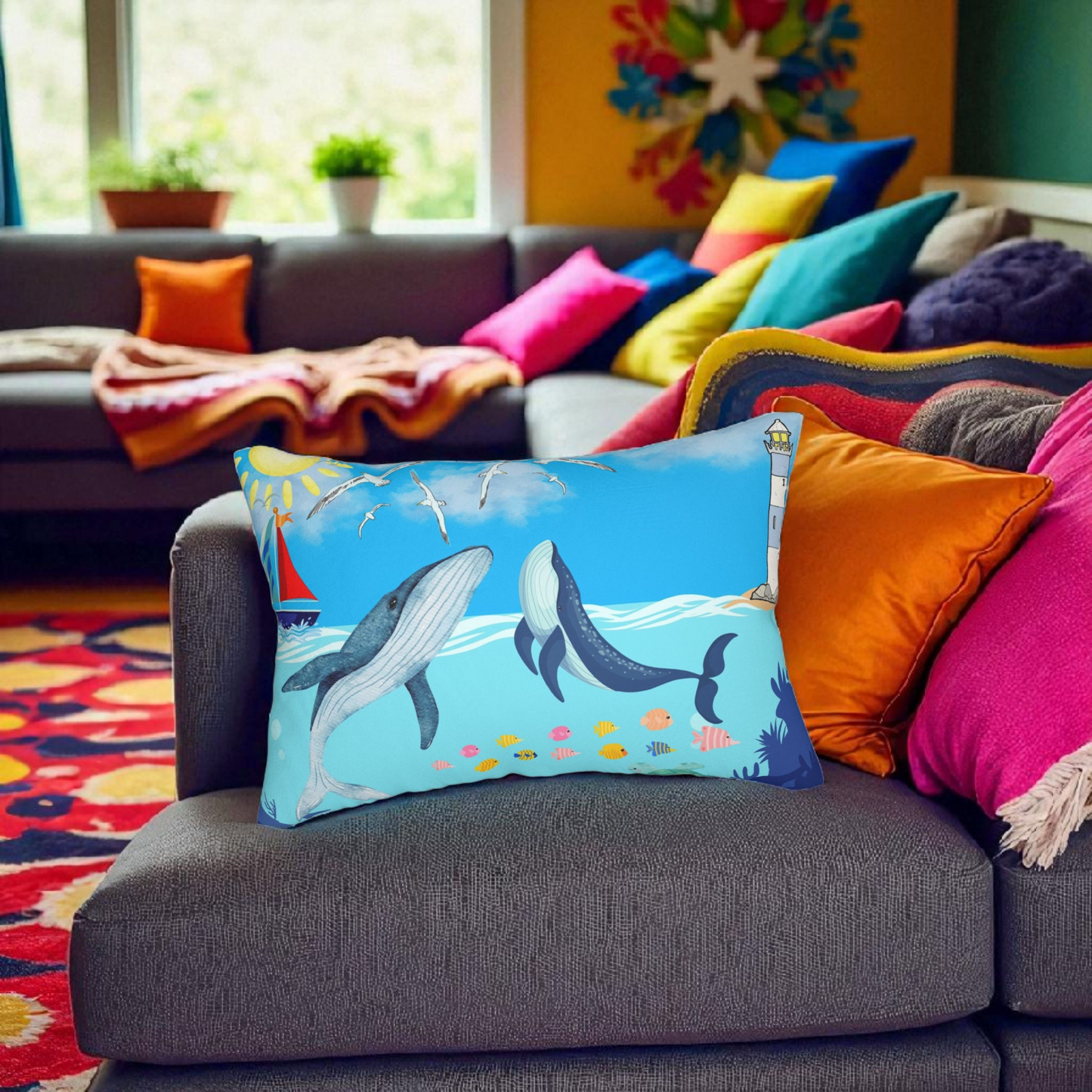Whale Watching Lumbar Pillow - Coastal Decor for Beach Lovers