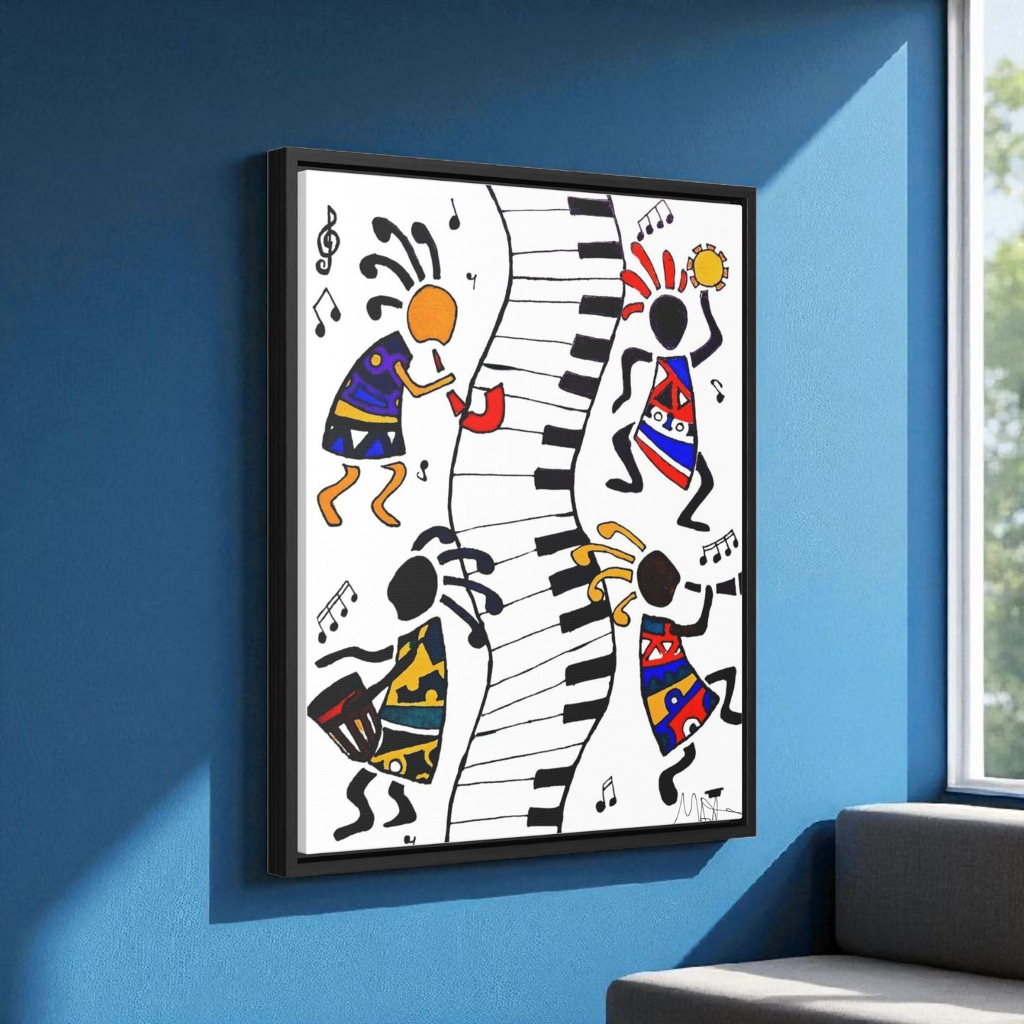 Tribal Music Wall Art, Original Hand Drawn Piece, Cultural Home Decor, Vertical Frame