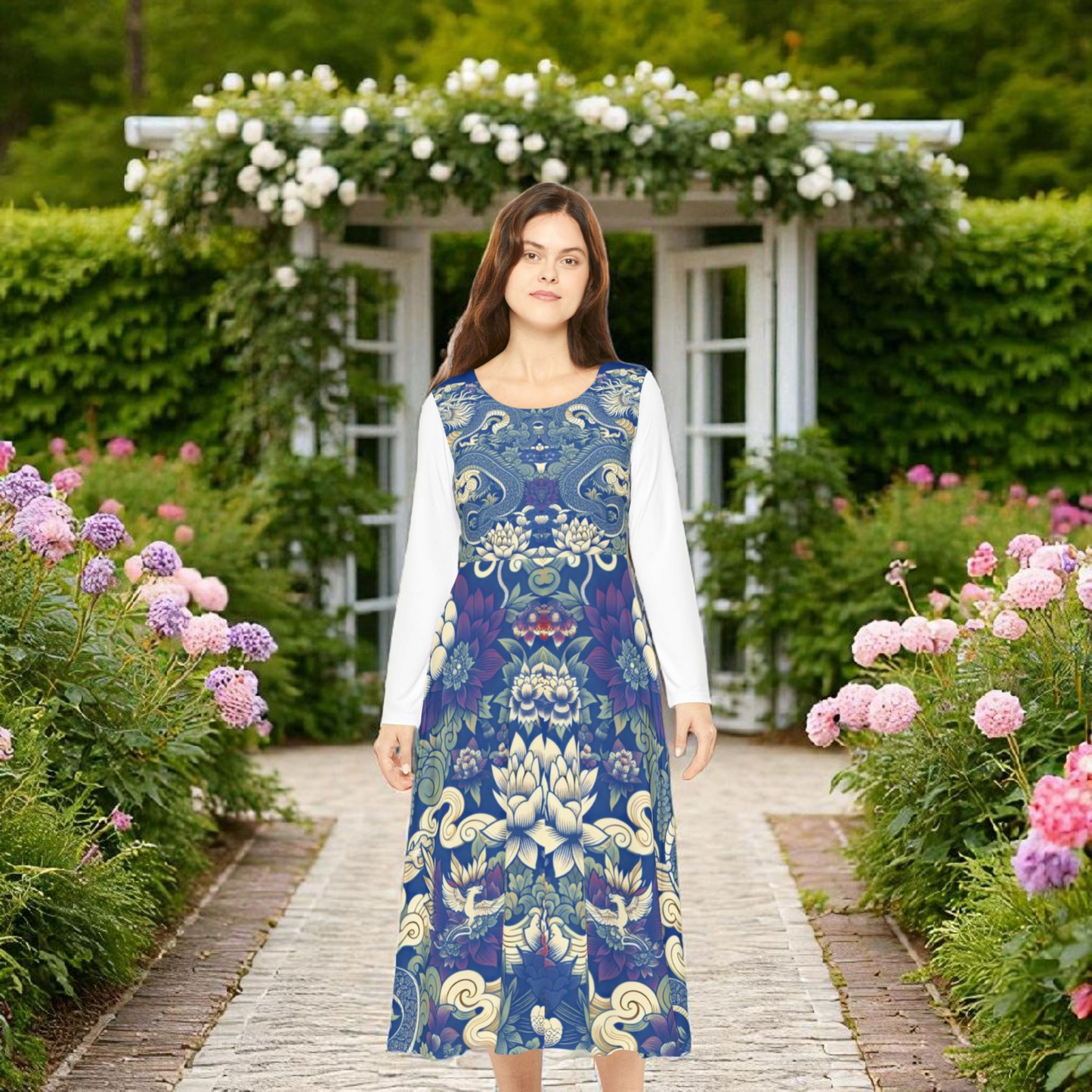 Unique Elegant Floral Print Long Sleeve Dance Dress, Perfect for Parties, Comfortable Fit