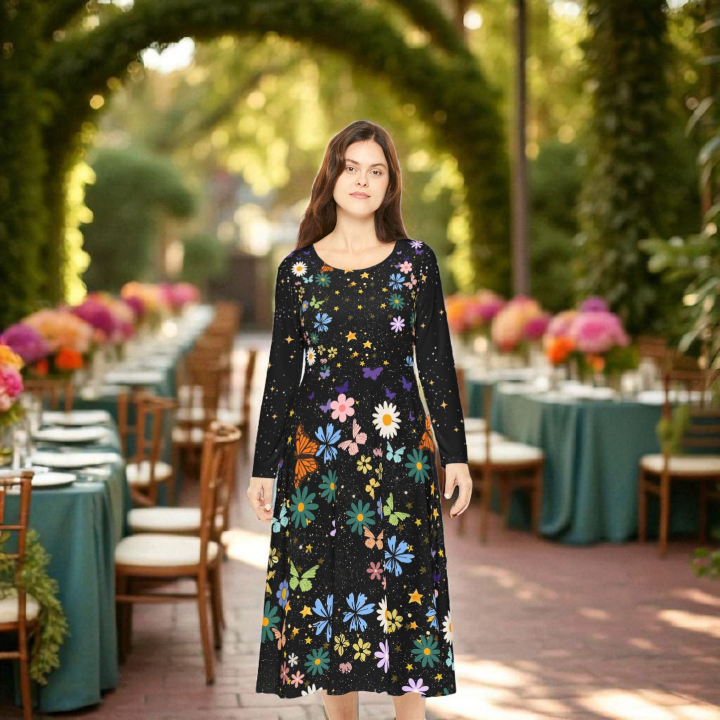 Celestial Floral Long Sleeve Dance Dress - Perfect for Parties, Events, Spring Celebrations