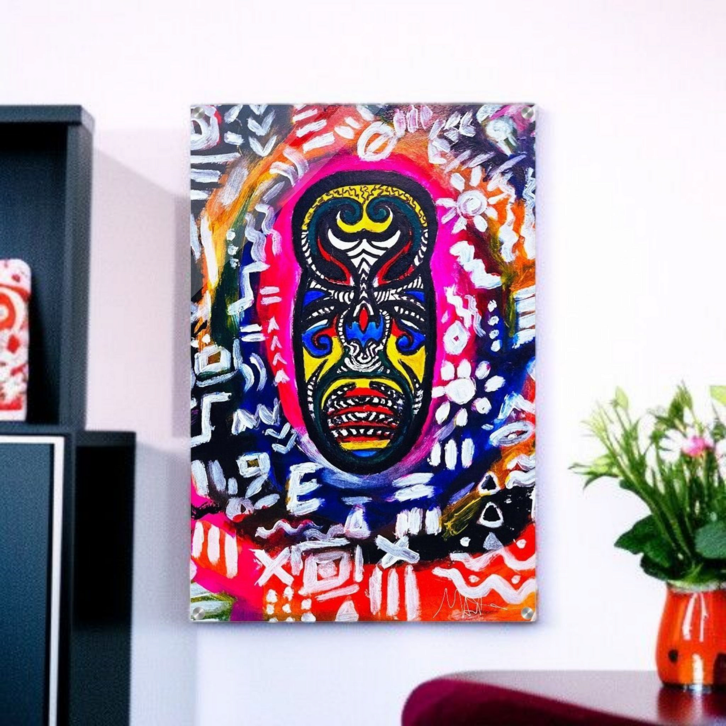 Vibrant Tribal Mask Painting, Acrylic Print - Authentic Handcrafted Decor