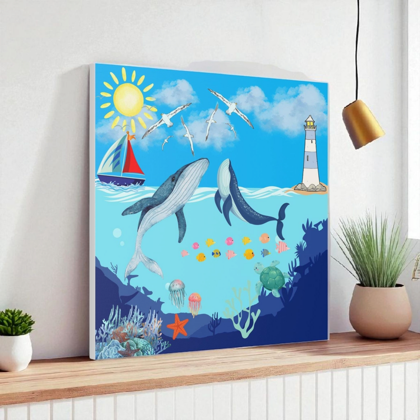 Whale Art Canvas, Ocean Life Wall Art, Nautical Home Decor, Coastal Canvas Print