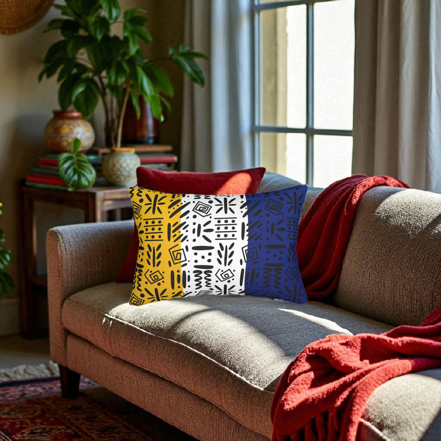 Boho Spun Polyester Lumbar Pillow with Tribal Pattern Water-resistant Hidden Zipper