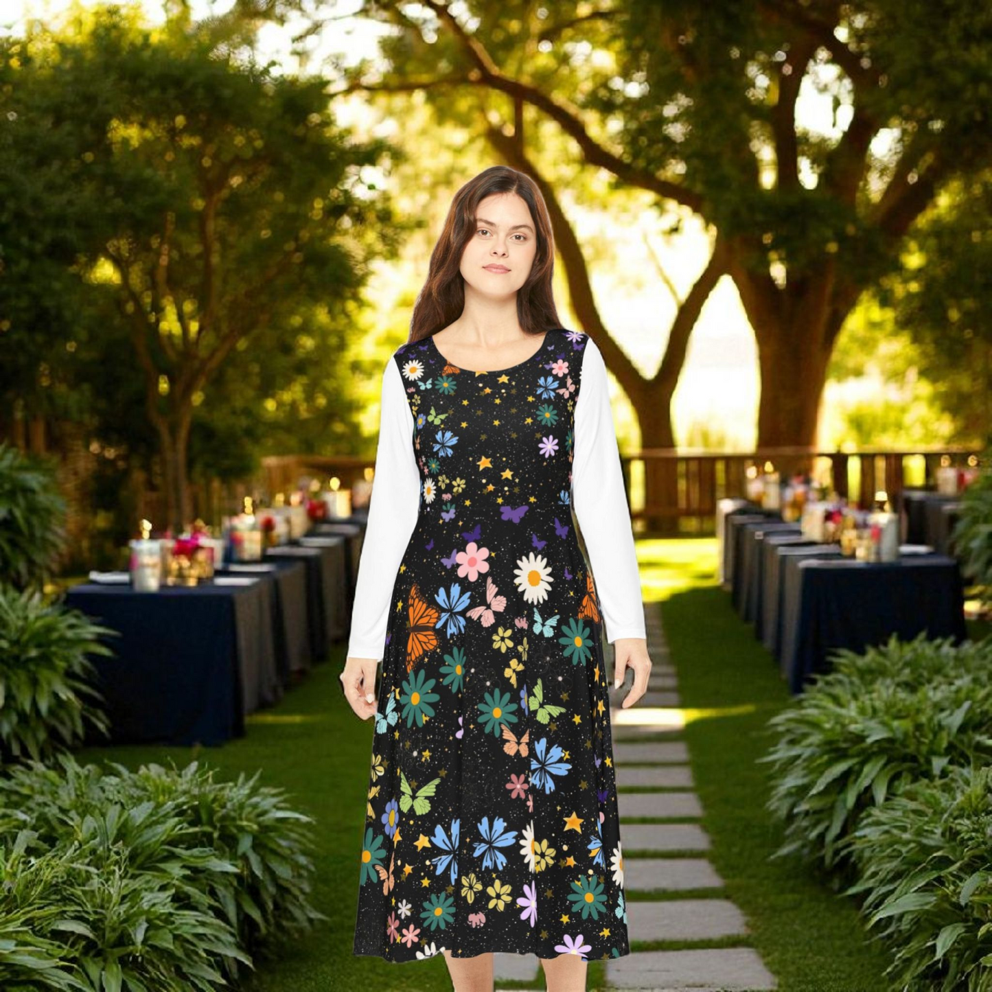 Celestial Floral Long Sleeve Dance Dress - Perfect for Parties, Events, Spring Celebrations